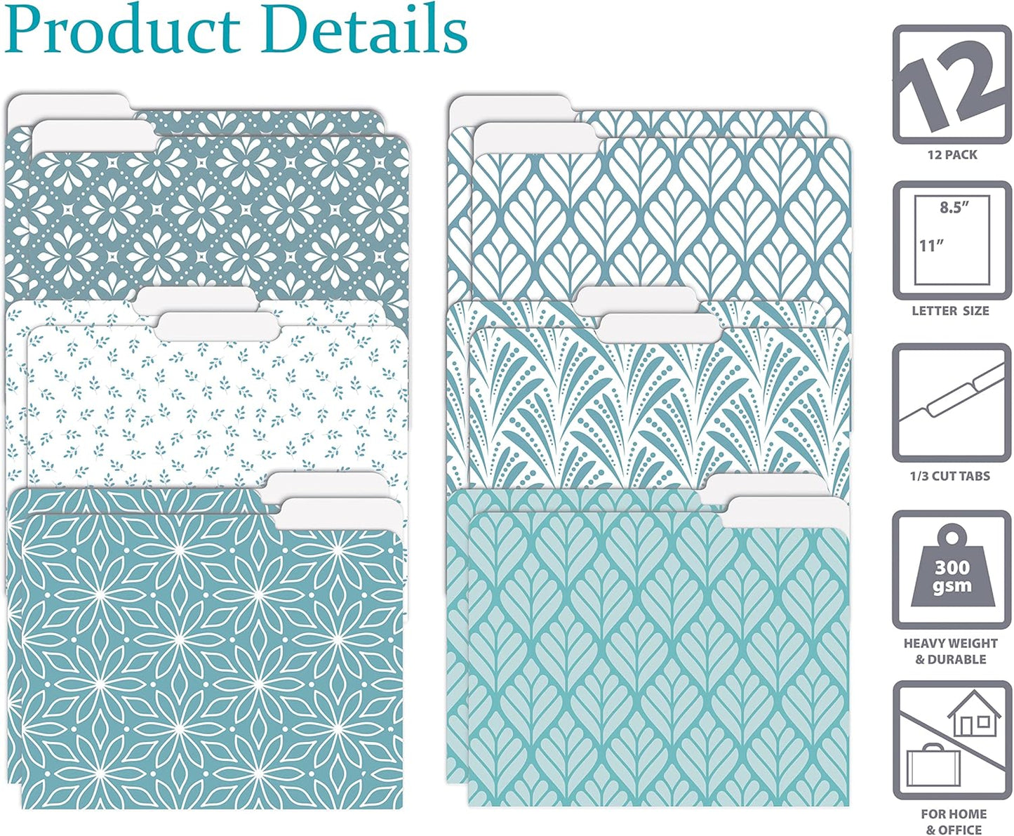 Better Office Products Decorative File Folders, 12 Pack, 6 Unique Designs, Heavyweight, Letter Size (9.5 x 11.5) with 1/3 Cut Tab, Soft Hue Floral Designs, Fashion Folders