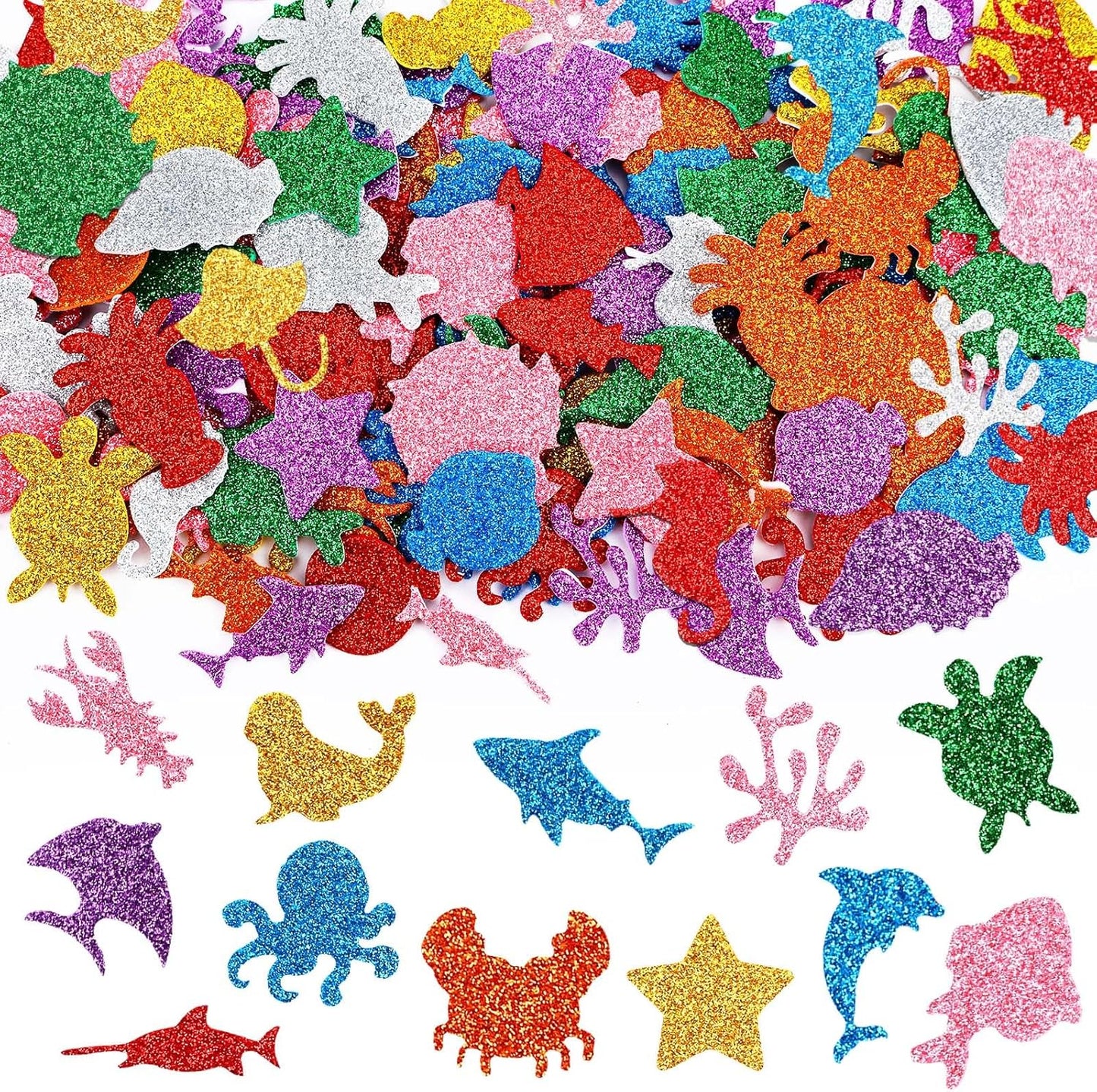 JULBEAR 300 Pieces Glitter Sea Animal Foam Stickers, Colorful Ocean Sea Fish Foam Stickers Bulk Self-Adhesive for Arts Crafts Ocean Theme Party Favors Decoration Home DIY Supplies