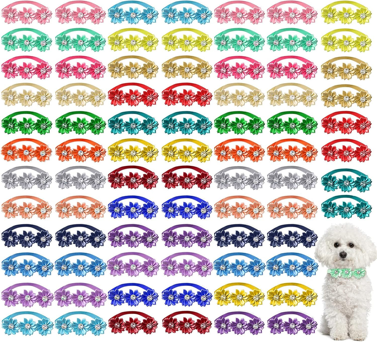 Reginary 80 Pcs Dog Bowtie Flower Collar Girl Dog Accessories Adjustable Girl Puppy Collars Cat Bow Tie Flower with Diamond Crystal for Cats Pet Summer Birthday Party Christmas Wedding Supplies