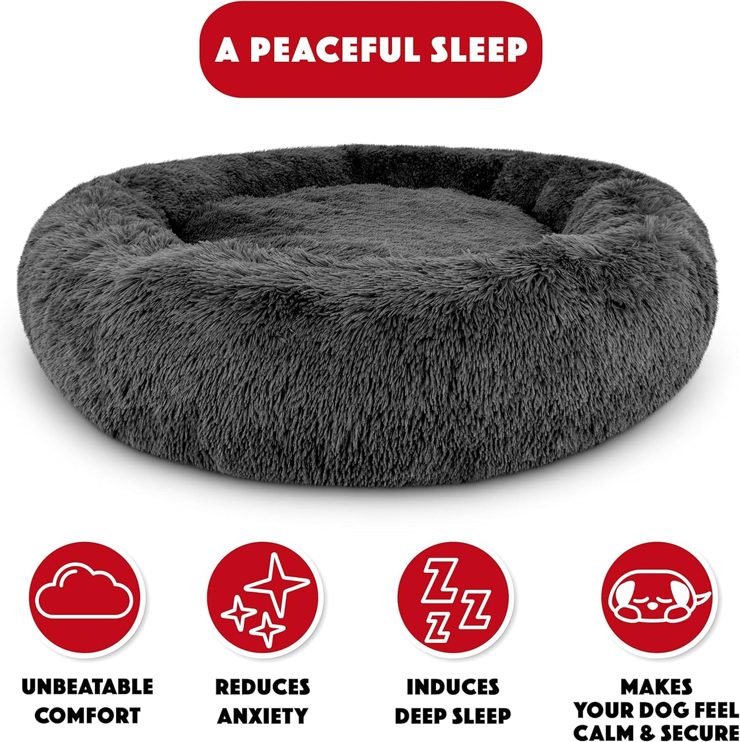 The Dog’s Bed Calming Donut Dog Bed, Plush Faux Fur Round Cuddler Nest, Removable Washable Zip Cover – XXL (54"), Grey