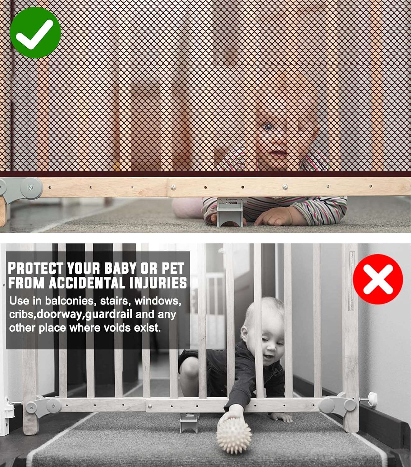 JIFTOK Baby Gate for Stairs, Banister Guard for Kids, Pets, Toys, 10ft L x 2.6 ft H, Mesh Netting Safety Net for Balcony Rail Stair, Stairway Net Baby Safety Products for Indoor & Outdoor (Brown)