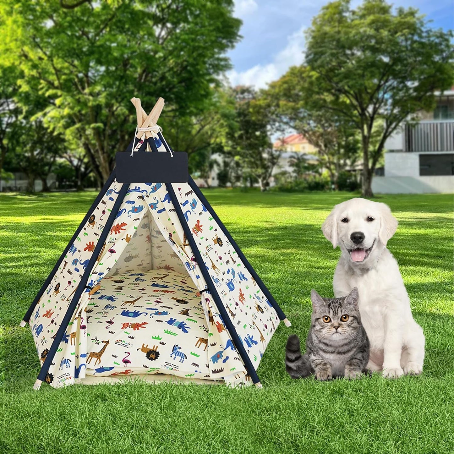 Pet Tent/Tipi for Cats & Dogs - Washable Canvas, Foldable Pet Teepee with Anti-Slip Base & Detachable Cushion | Indoor/Outdoor Safe Shelter for Pets-Zoo-L