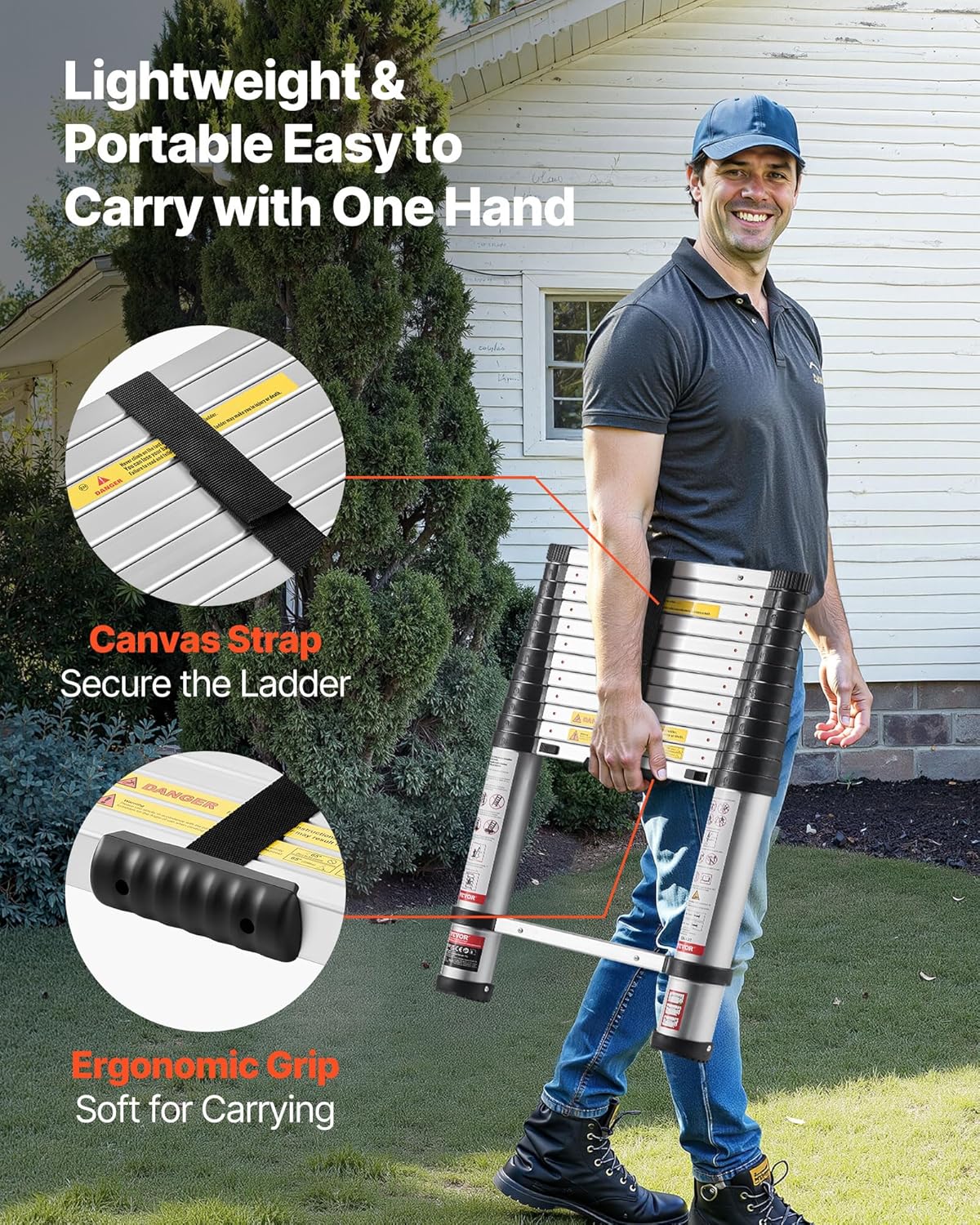 VEVOR 12.5ft Telescoping Ladder, Aluminum Lightweight Multi-Purpose Collapsible Extension, One-Touch Retraction Ladder, Heavy Duty 330LBS Max Capacity with Non-Slip Feet, for Home, Outdoor Work, Loft