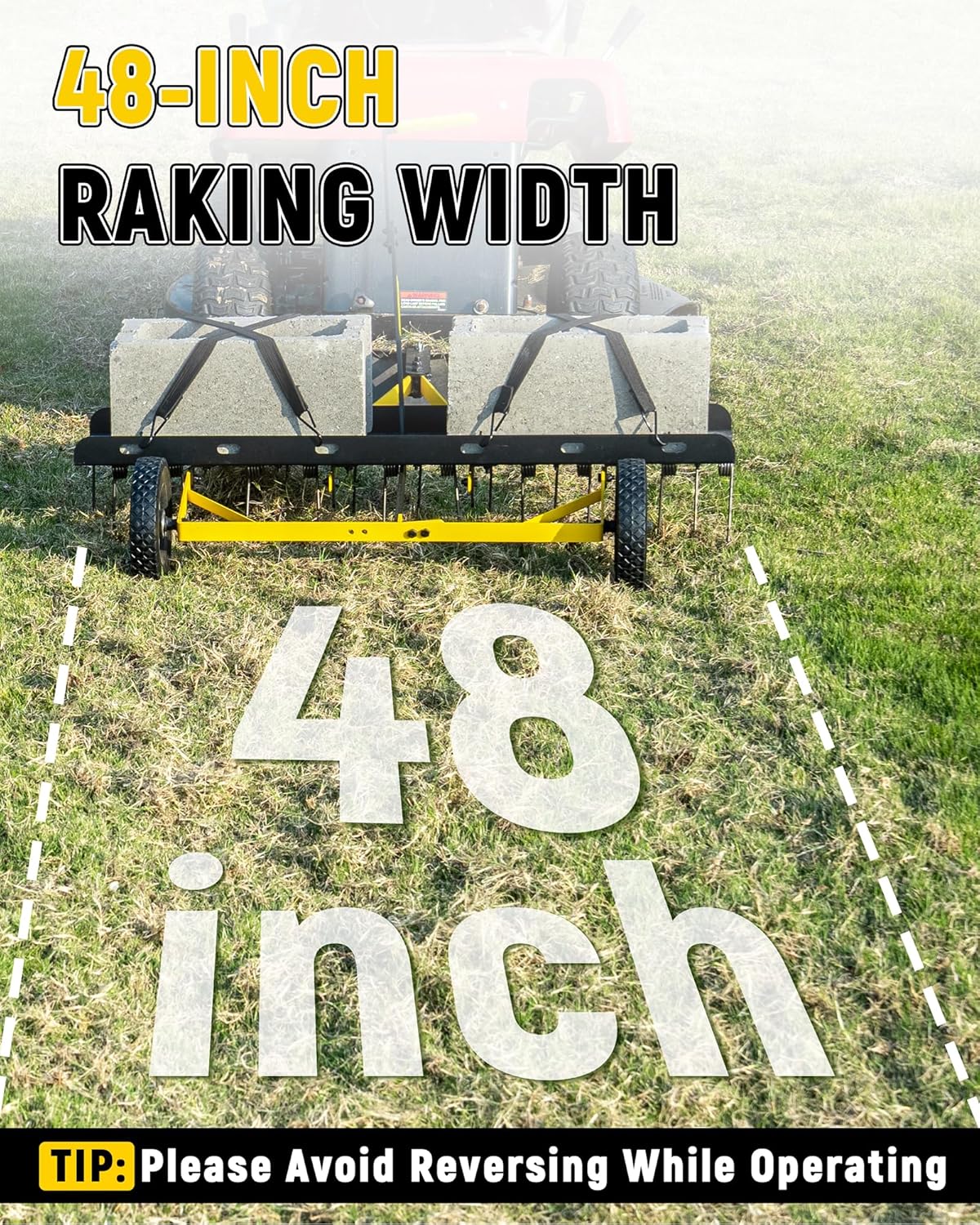 48 Inch Tow Behind Dethatcher, Pull Behind Lawn Dethatcher with 24 Spring Steel Tines, Grass Dethatcher, Removes Thatch, Riding Lawn Tractor for Large Lawns, Yard and Garden Care