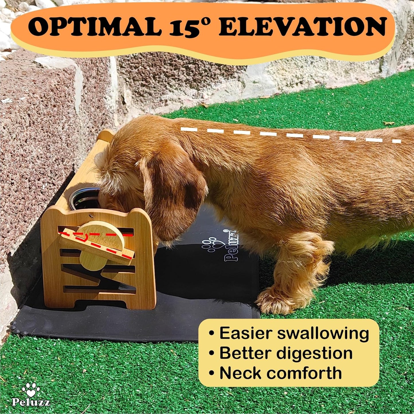 Dog Bowls Elevated Adjustable Height – Bamboo Raised Feeding Stand with Stainless Steel Bowls, for Dogs & Cats, Cat Bowls Elevated, 6 Height Levels, 15° Tilt & Includes Waterproof Feeding Mat
