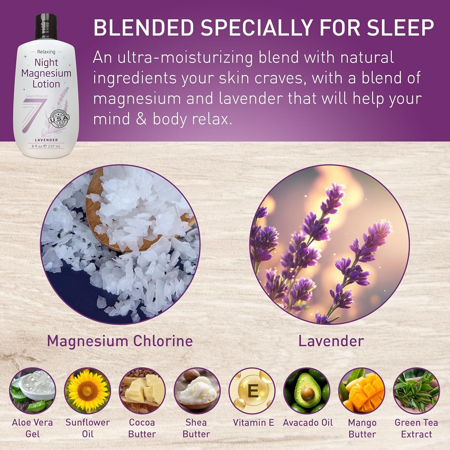Seven Minerals Magnesium Lotion for Sleep - Lavender Relaxing Night Blend - Highly Concentrated Magnesium for Better Sleep, Body & Mind Relaxation. Non-Greasy Skin Friendly - 8 fl oz