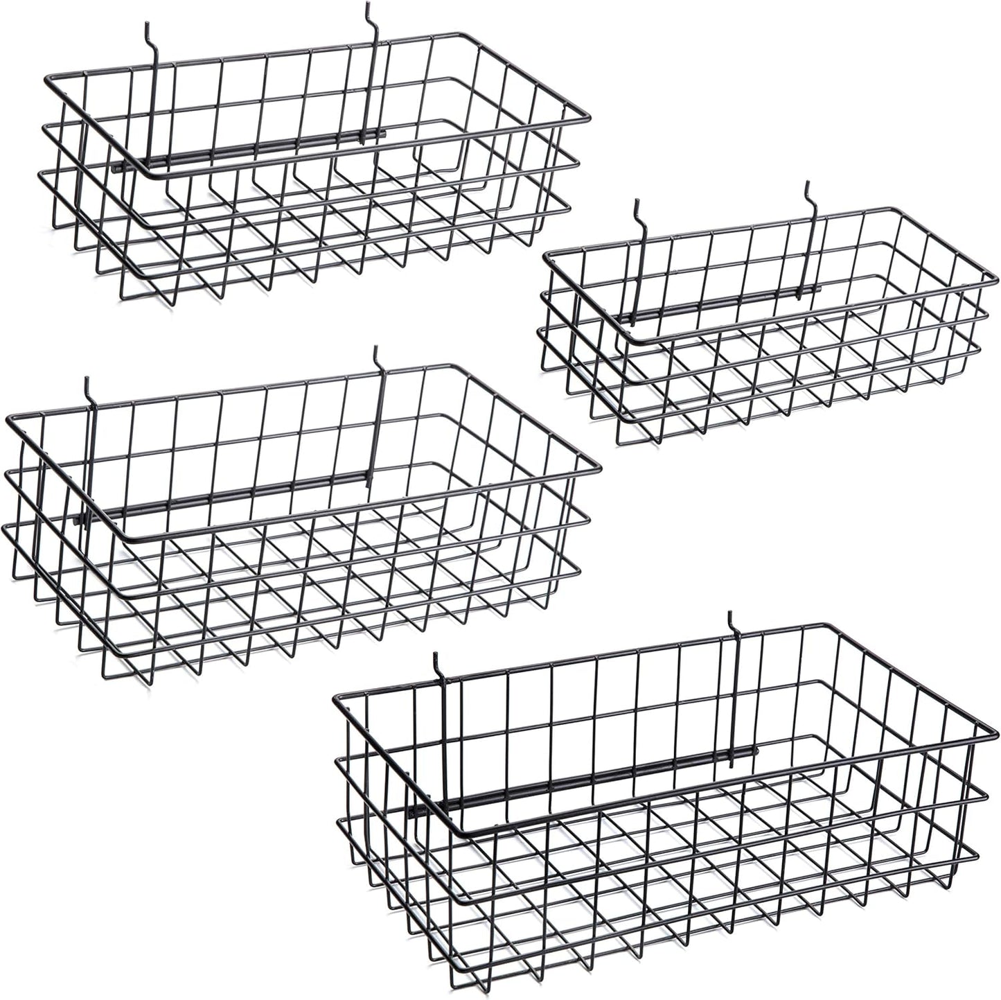 Pegboard Baskets, Set of 4 Black - Hooks to Any Peg Board - Pegboard Accessories, Square Style Wire Shelf Baskets - Organize Tools, Workbench, Garage Storage - Wall Organizer Attachments