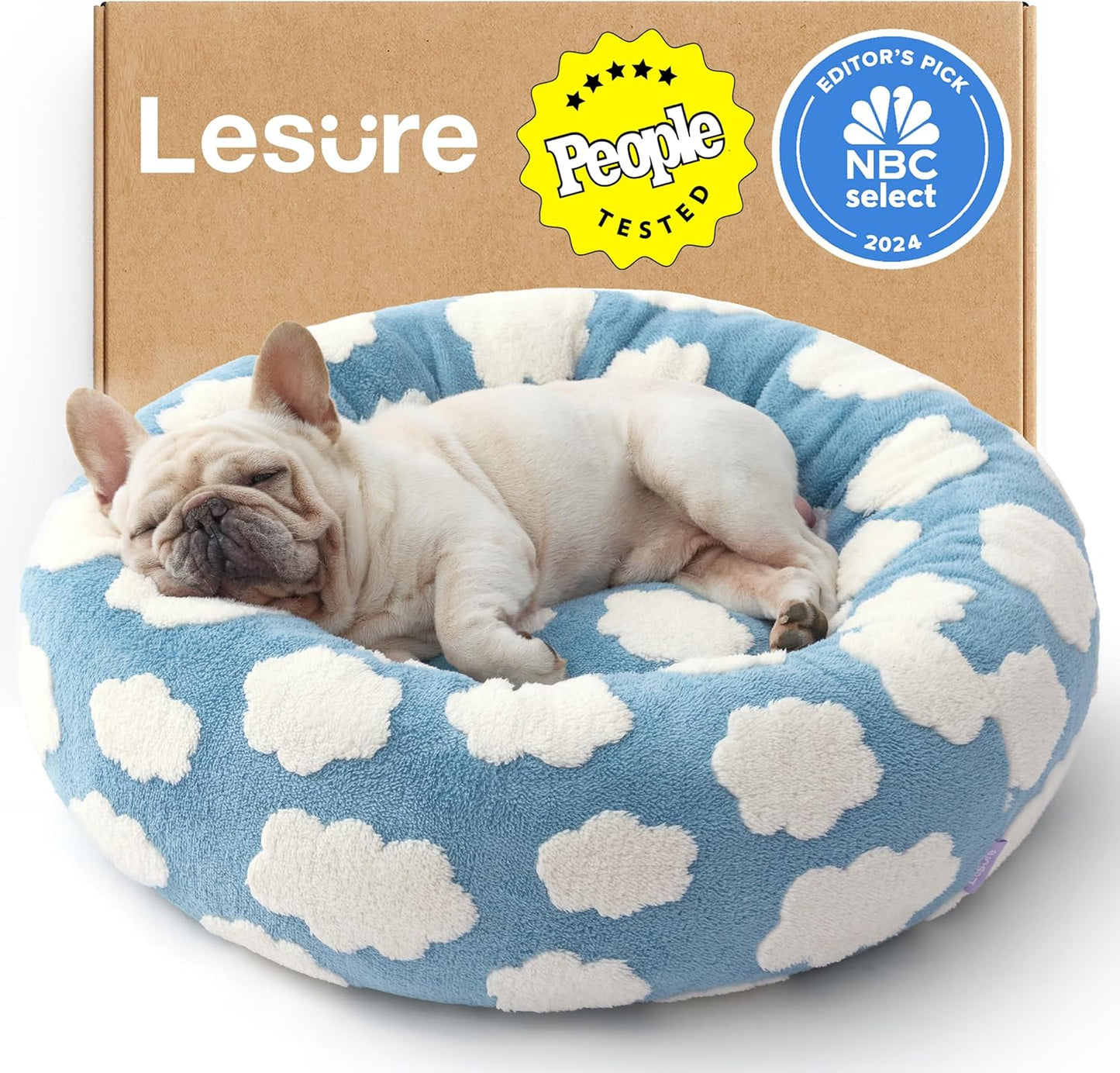 LE SURE Shown on TV Donut Dog Bed Medium Size Dog - Round Cat Beds Indoor as Bed Gift for Calming with Washable Cover, Cute Home Decor Bed with Jacquard Shaggy Plush & Anti Slip Bottom, 30 Inch, Blue