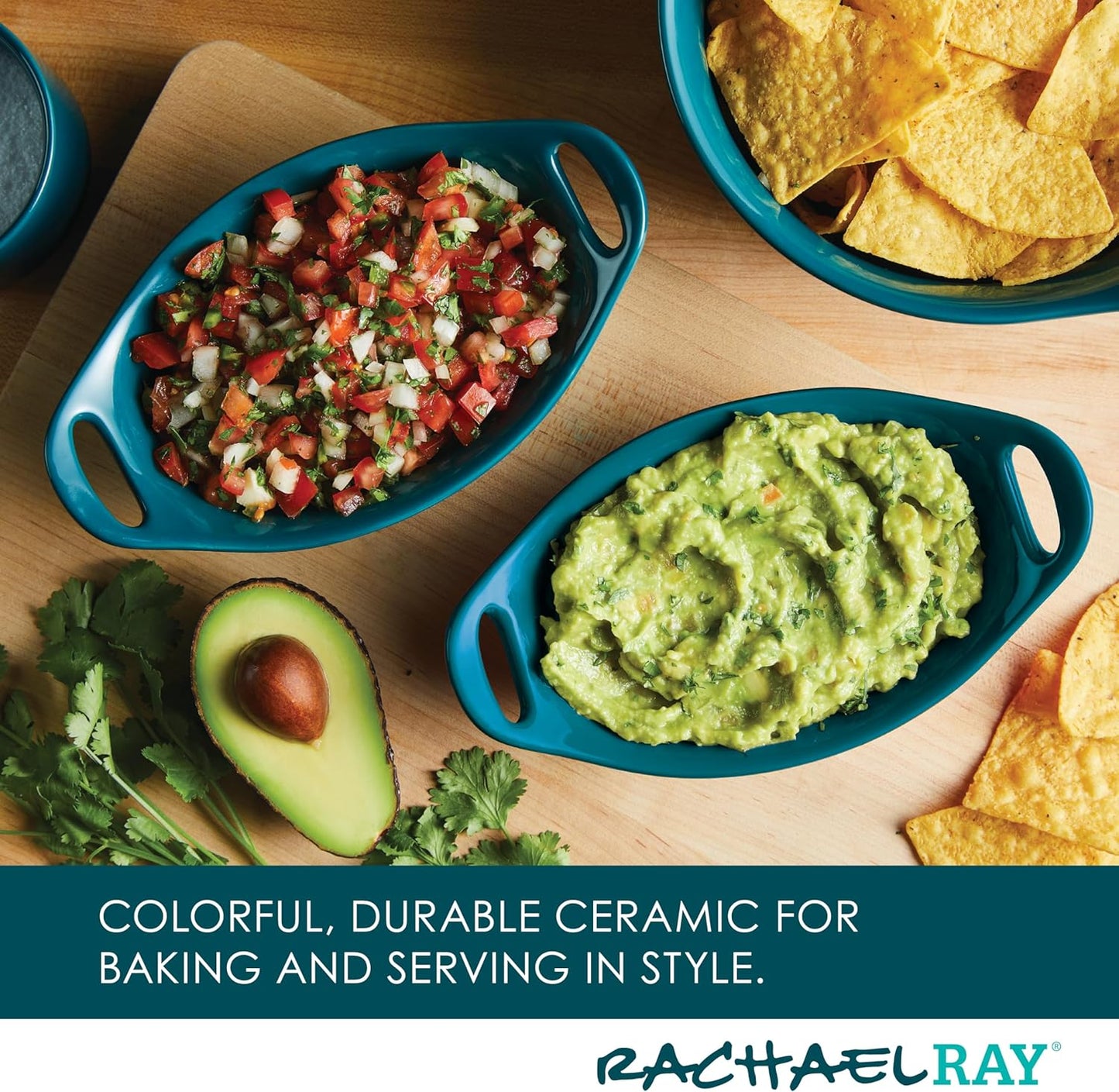 Rachael Ray Solid Glaze Ceramics Au Gratin Bakeware / Baker Set, Oval - 2 Piece, Teal