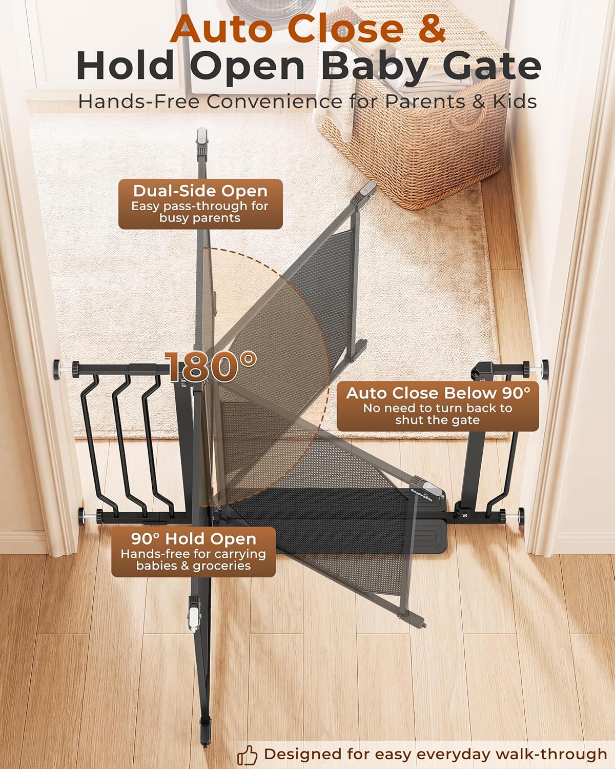 29.5-48" Baby Gate for Stairs, Pressure Mount No Drill, Lift to Unlock Child Proof, One-Hand Auto Close Walk Through Pet Dog Gate for Doorways, Fits 4 Different Width Ranges, Black