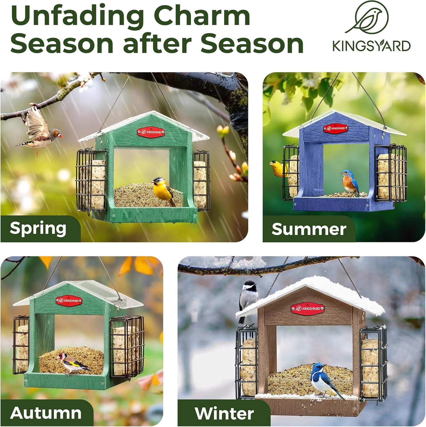 Kingsyard Bird Feeder for Outdoor Hanging - Recycled Plastic Double Suet Cages Wild Bird Feeder with Metal Mesh Tray and Rainproof Roof, 2.5 LBS Large Capacity. Green