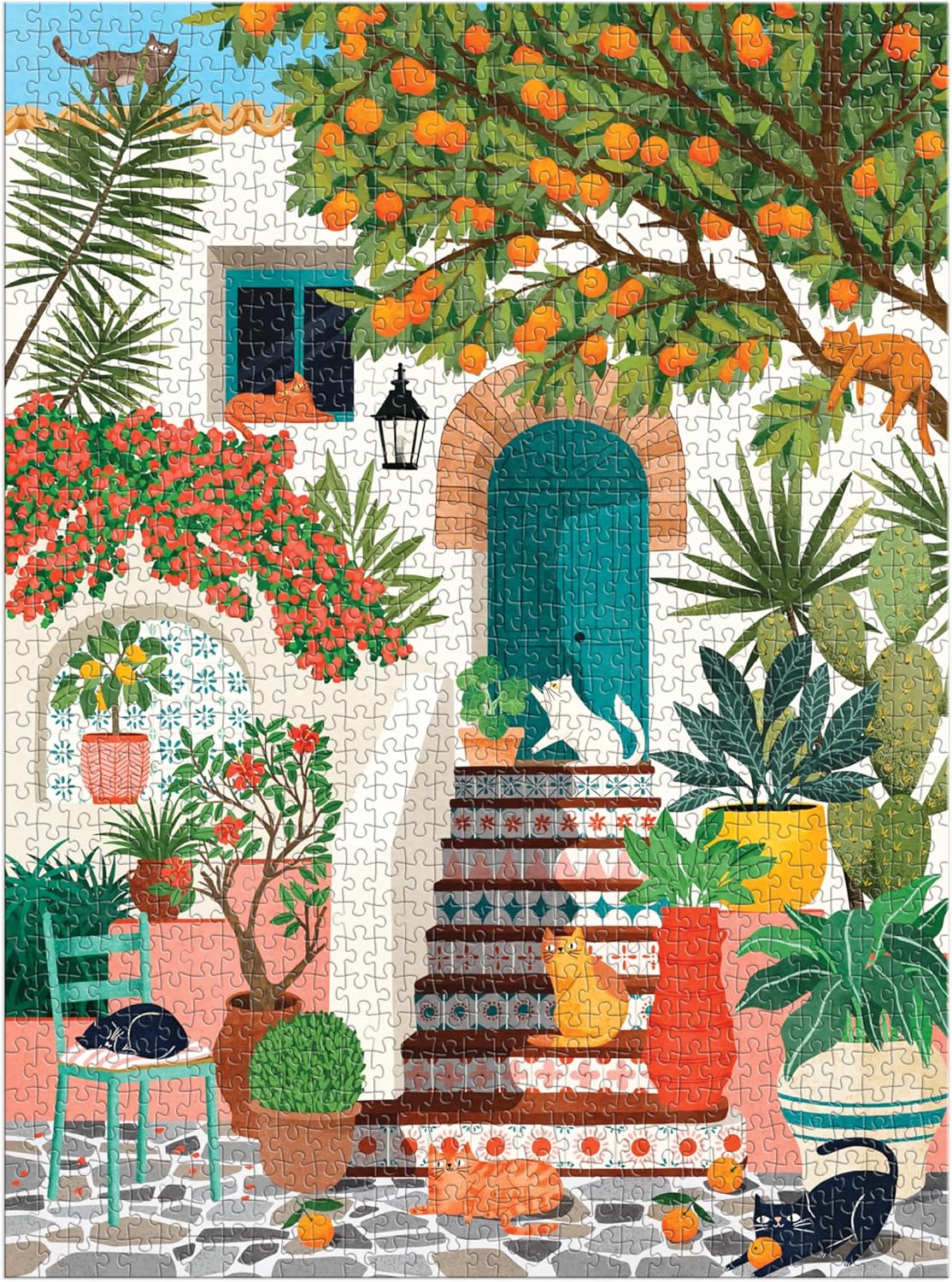 Galison Mediterranean Cats – 1000 Piece Jigsaw Puzzle Featuring Beautiful Artwork of A Citrus Inspired Stoop with Cats