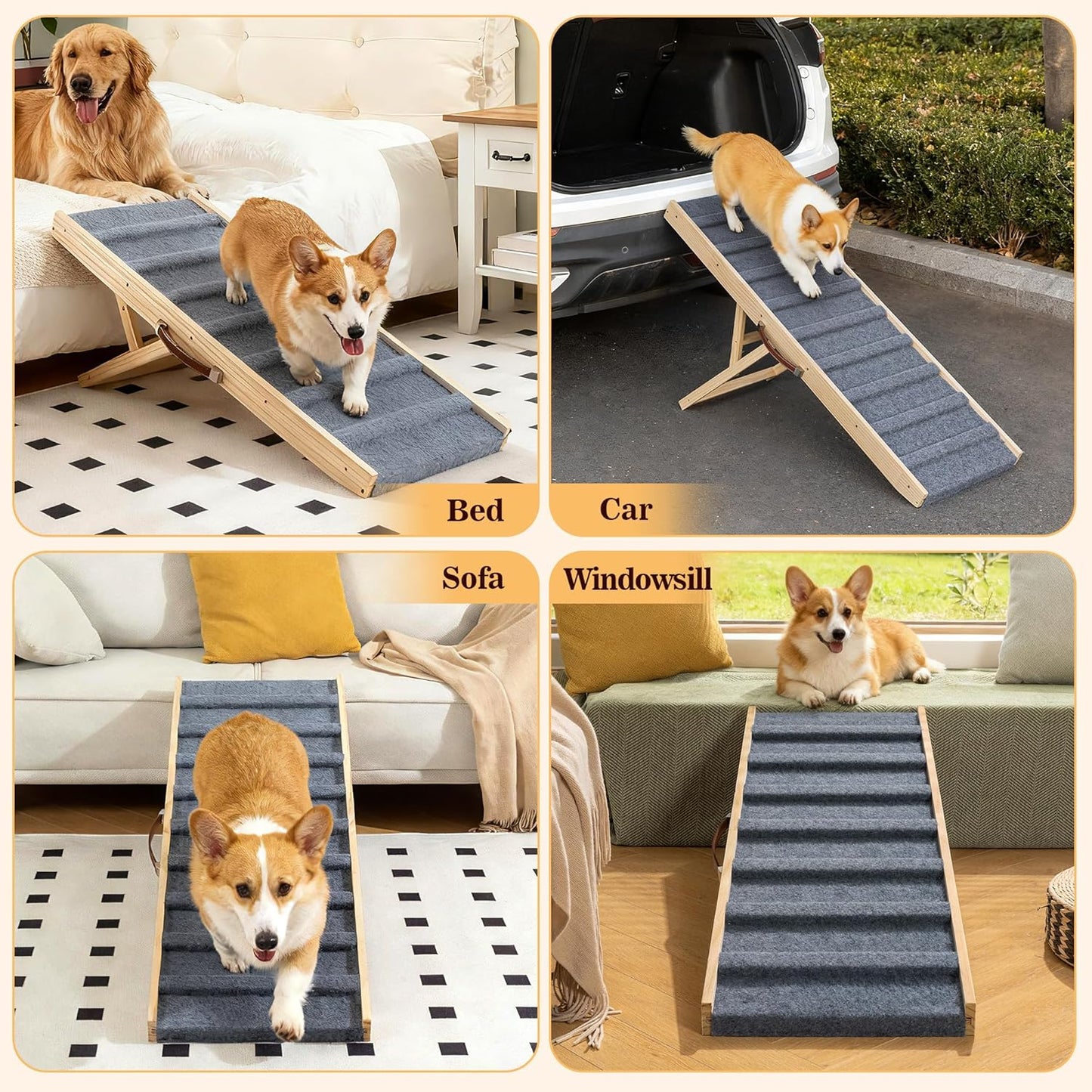 Dog Ramp for Bed, 35.4" Long Wooden Pet Ramp for Small & Large Dogs, 4 Adjustable Heights 11.8" to 22" with Anti-Slip Carpet & Carrying Handle Holds, Portable Dog ramps for Car, Bed, Couch, Outdoor