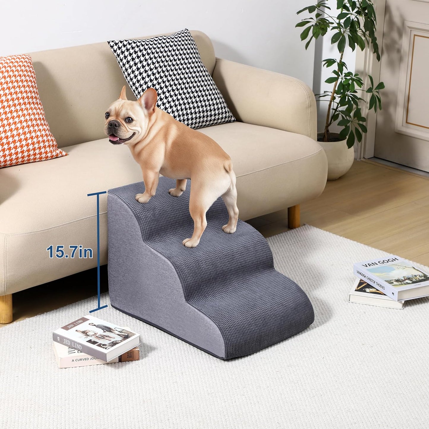 Dog Stairs for Small Dogs 15.7” H, 3-Step Pet Ramp with High-Density Foam, Non-Slip Soft Cover, Dog Steps for Bed, Couch or Sofa, Gray