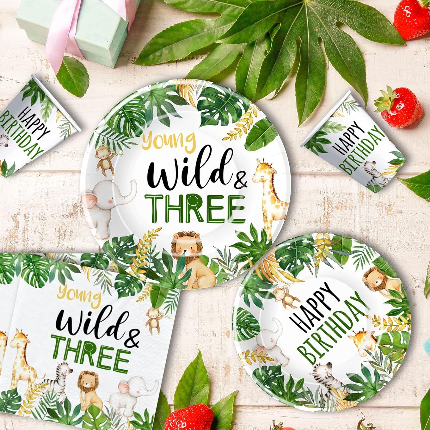 Jungle Animal 3rd Birthday Party Supplies - Young Wild And Three Decorations Tableware, Paper Plate, Napkin, Tablecloth, Fork, Safari 3-Year-Old Birthday Decorations Dinnerware | Serves 24