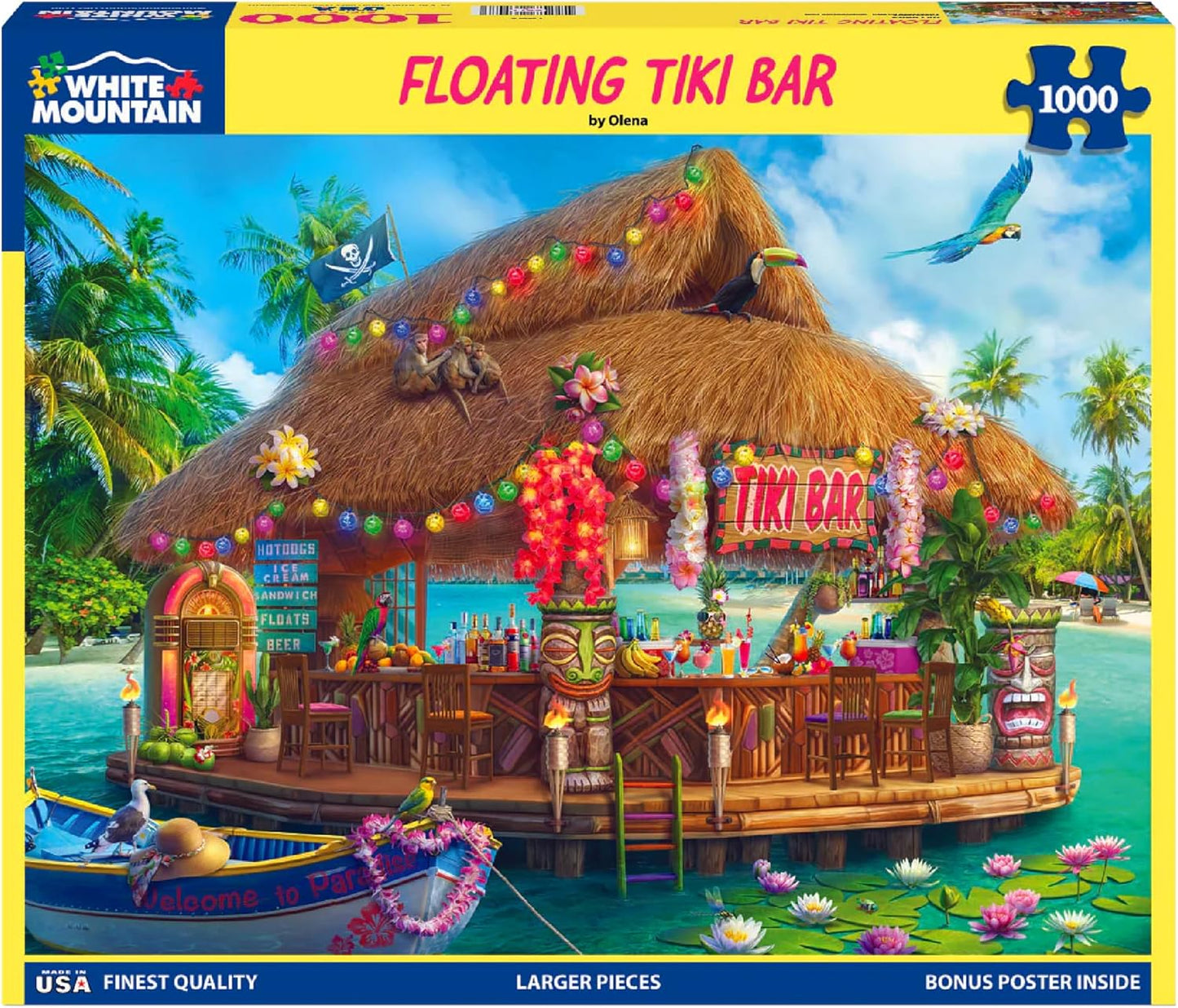 White Mountain 1000 Piece Jigsaw Puzzle Fun Coastal Summer Puzzles with Large Pieces Gift for Adults and Family 24"x30" - Floating Tiki Bar