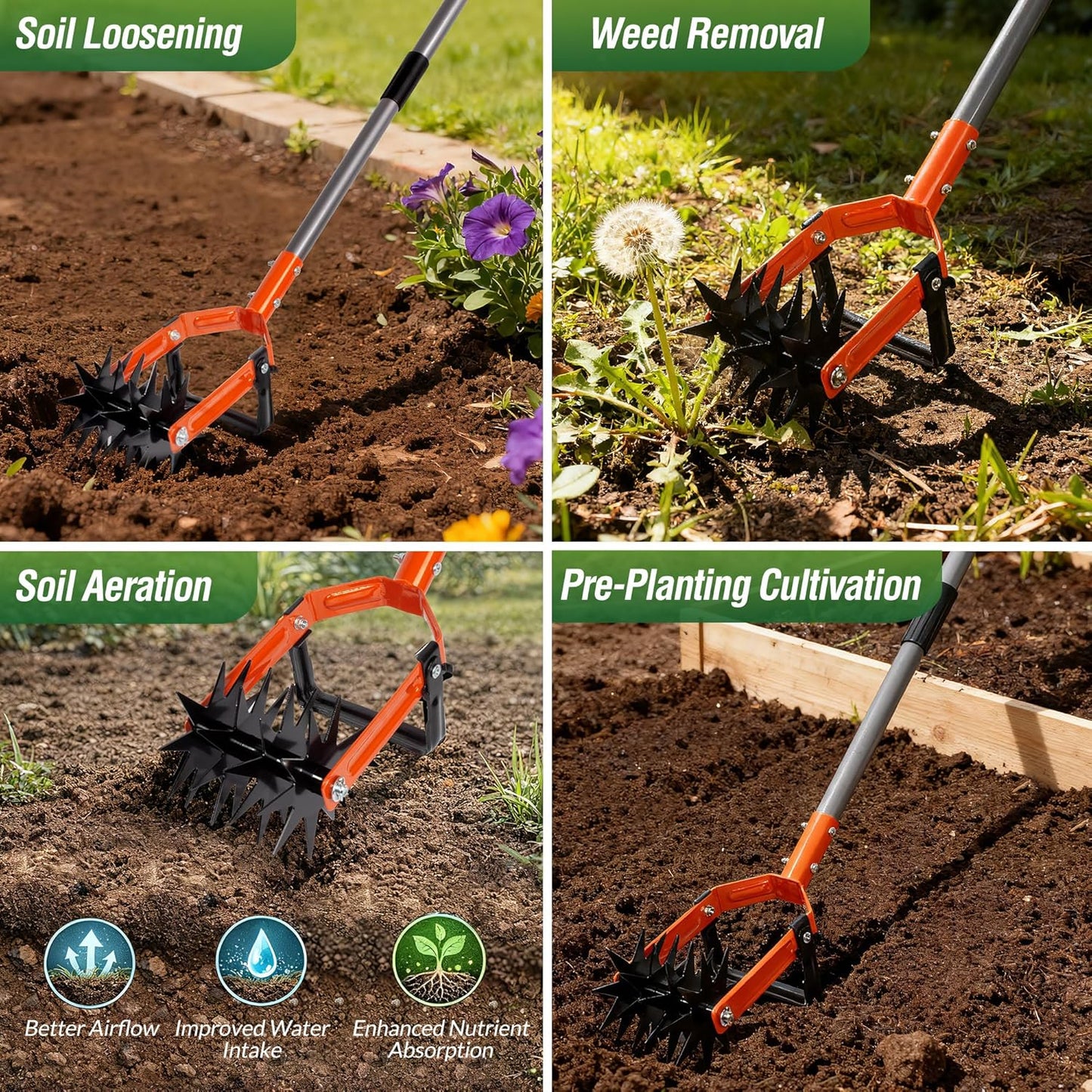 Walensee Rotary Cultivator Garden Tool, Adjustable Long Handle Hand Tiller with Star-Shaped Rolling Tines, 2-in-1 Weeder & Soil Aerator for Lawn Care, Reseeding Grass, Soil Mixing, Manual Yard Tiller