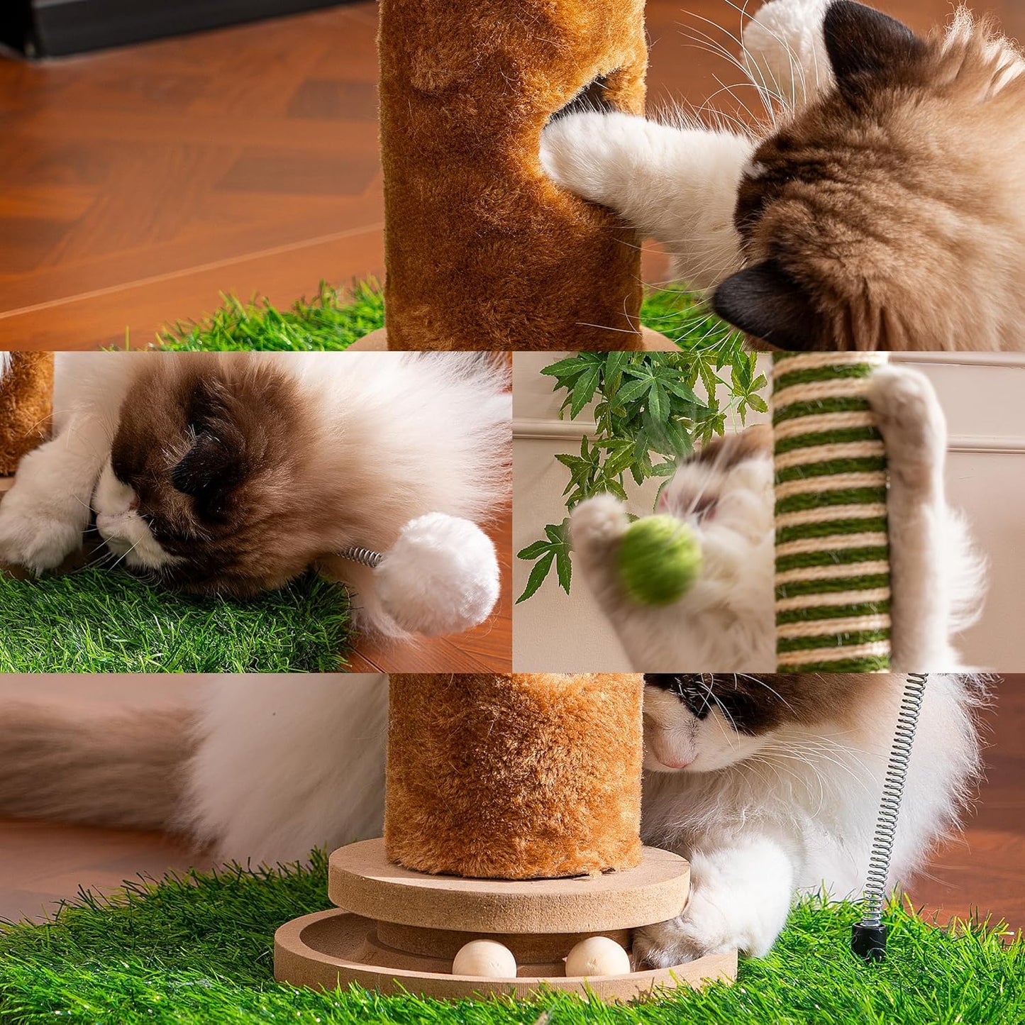 Cat Scratching Post 39'' Tall with Interactive Ball & Mouse Hole for Indoor Adult Cats, Sisal Rope Cat Tree Tower, Kitty Scratcher Furniture with Artificial Grass Tree for Kittens Cat Toys