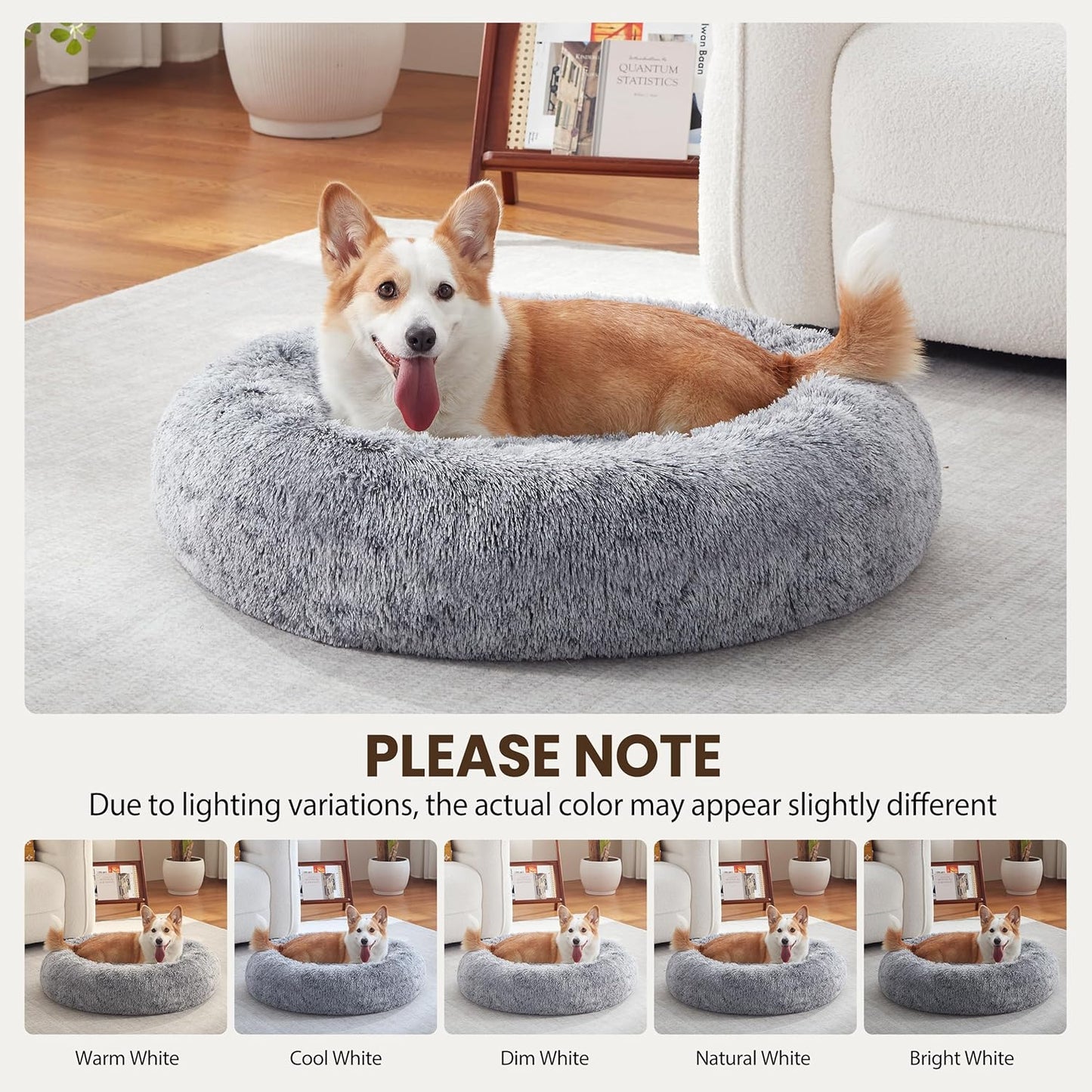 Donut Dog Bed Medium Size Dog 30 Inch, Round Cat Beds for Small Medium Dogs and Cats with Comfort Fluffy Faux Fur, Washable Cute Pet Bed with Anti-Slip Bottom, Grey