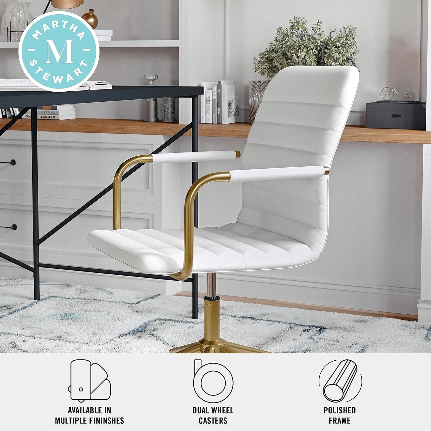 Martha Stewart Taytum Swivel Task Chair with Armrests for Home Office in White Faux Leather with Polished Brass Frame