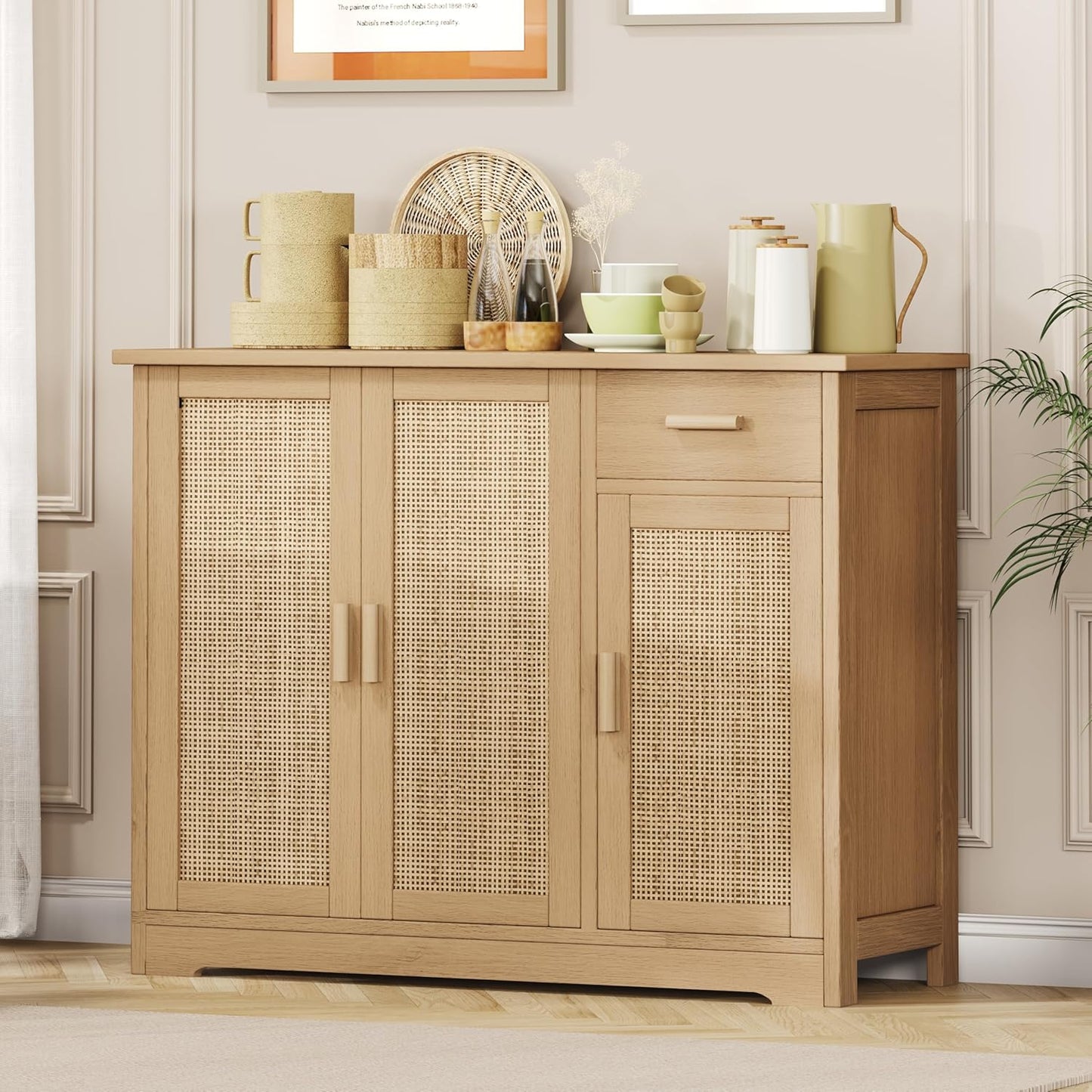 Buffet Cabinet with Storage, Rattan Storage Cabinet with 3 Doors & Drawer, Accent Kitchen Sideboard with Adjustable Shelves, Coffee Bar Cabinet for Living Room, Entryway, Natural Oak