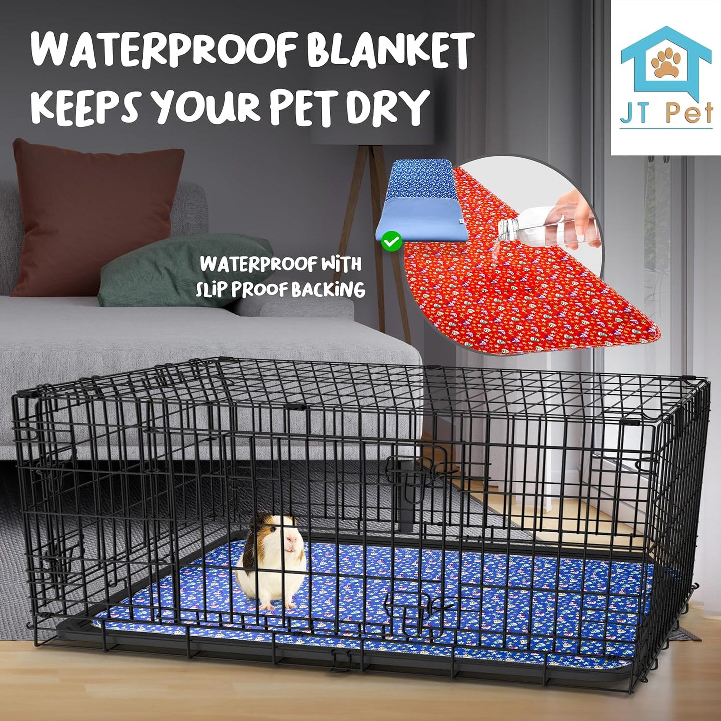Guinea Pig Cage Liner - Pack of 4 Washable Pee Pads for Dogs, Smooth Fleece Guinea Pig Bedding for Cage & Crates, Reusable & Waterproof Puppy Pee Pads - 47x24 Inches, Red Blue Piggies
