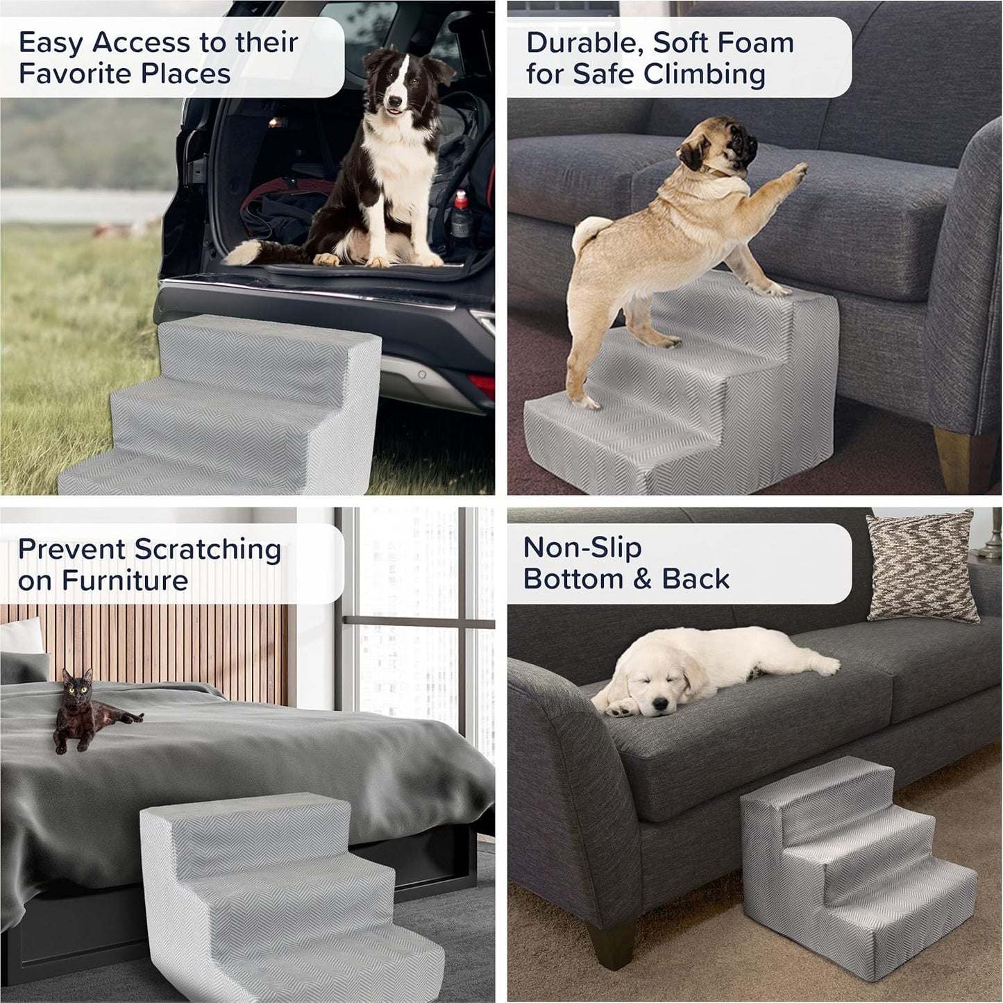 Dog Stairs for Small Dogs - 3-Step Dog Steps for High Bed and Couch - Pet Stairs with Nonslip Bottom, High-Density Foam, and Removable Washable Cover - Cat and Dog Furniture by PETMAKER (Light Gray)