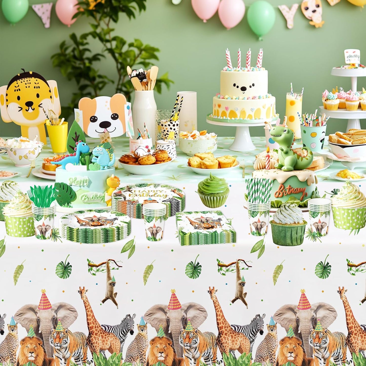 Jungle Safari Party Decorations for Birthday Baby Shower, Zoo Wild Animal Birthday Party Supplies, Paper Plates and Napkins Set, Cups, Straws, Cutlery, Tablecloth, 24 Guests