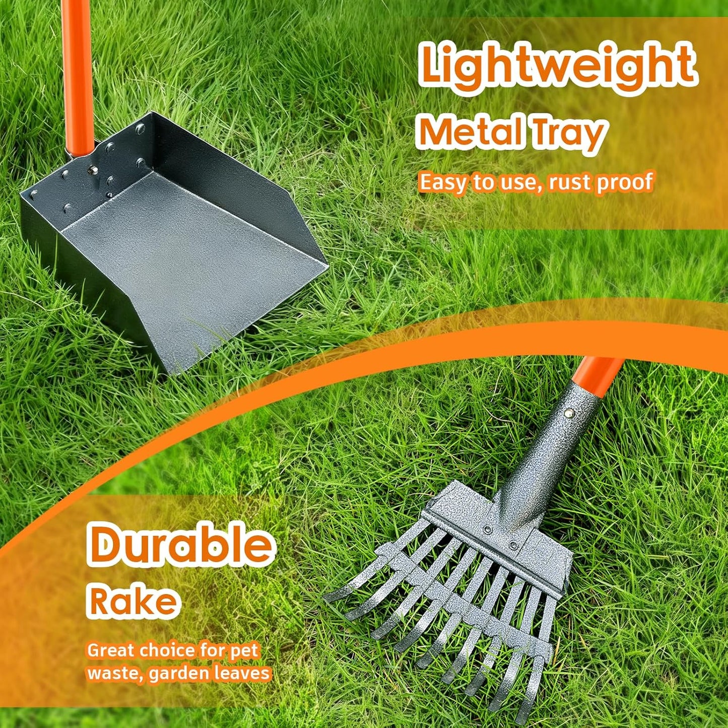 Pooper Scooper, Long Handle Dog Pooper Scooper for Medium Small Dogs Heavy Duty, Pet Supplies Stainless Metal Tray and Rake Set, Use on Grass, Dirt or Gravel