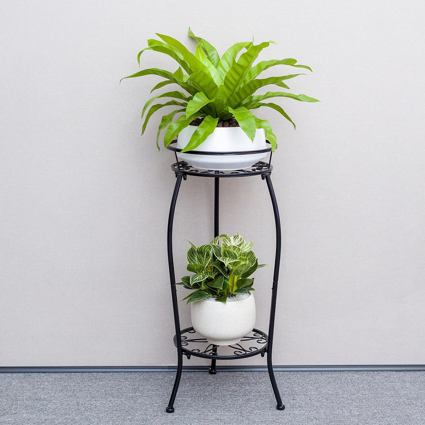 FaithLand 2 Pack Metal Plant Stands, Tall Planter Holder Indoor Outdoor, 2 Tier Round Potted Supports Rack, Corner Display Shelf Black