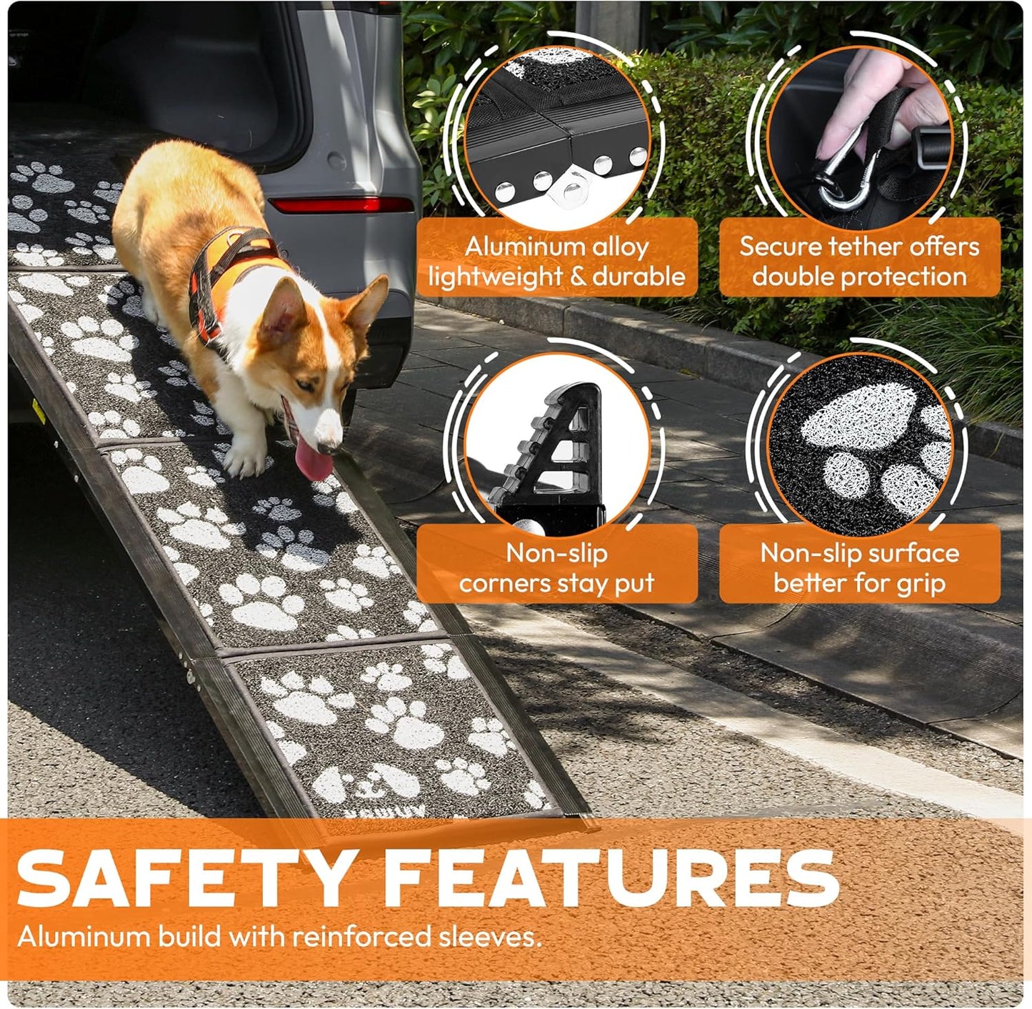 Dog Ramp for Car, Portable Folding Aluminum Pet Ramp with Non-Slip Paw Print Surface. Extra Wide Portable Ramp for Large, Small & Senior Dogs to Get in Cars, SUVs, Trucks & Beds, 71" Long & 17" Wide