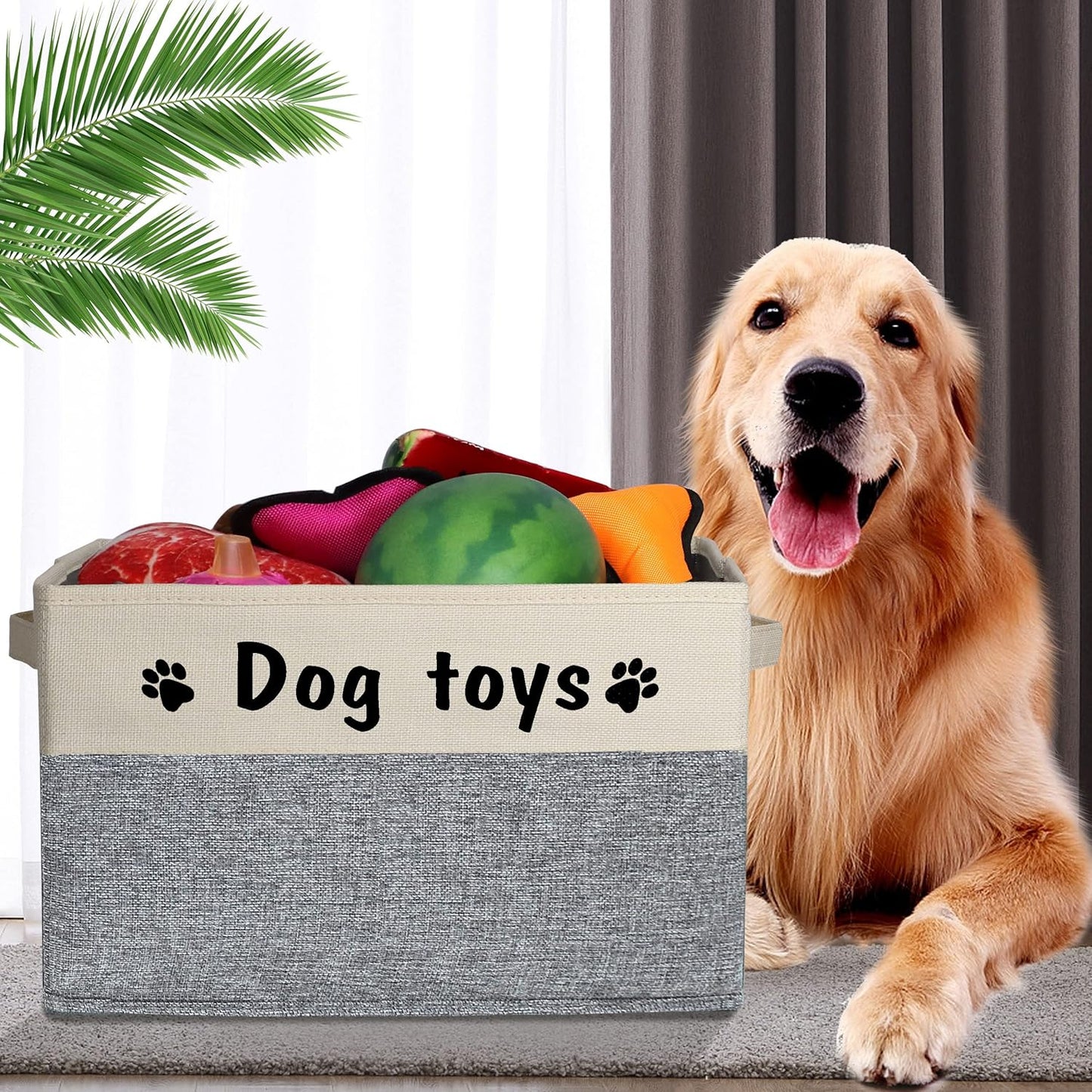 PET ARTIST Dog Toy Basket, Foldable Dog Toy Bin Box for Living Roon Area, Collapsible Storage Basket with Comfortable Handles for Pet Coat, Accessories, Gray, 15"x11"x9"