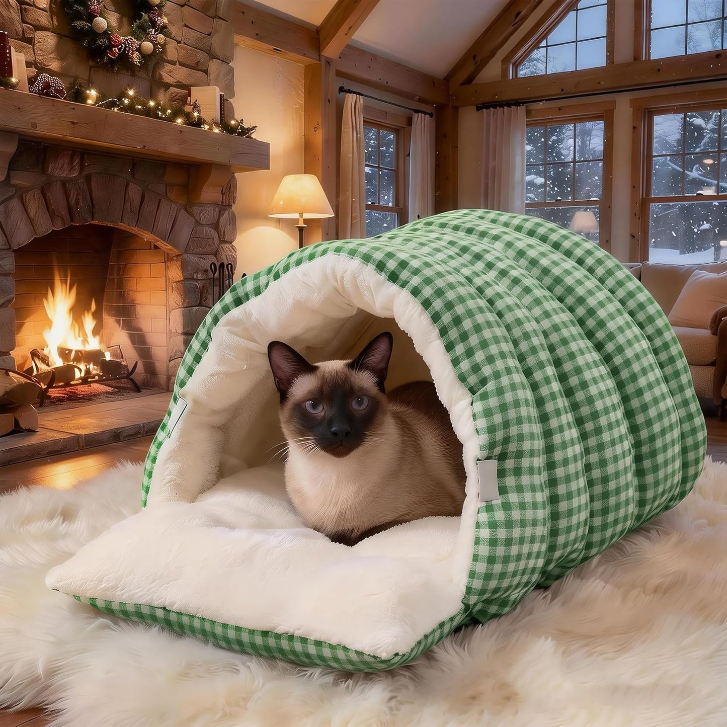 Small Cat Dog Cave Bed Calming Pet Nest Warm Plush Covered Cat House with Hooded Blanket Removable Hooded Blanket Cushion Washable Soft Calming Indoor Cat Bed(Green, Small)