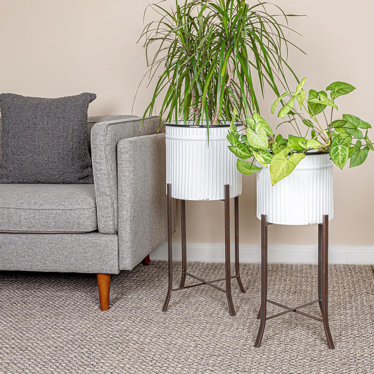 Creative Co-Op Round Corrugated Metal Planters on Stands, White and Black, Set of 2