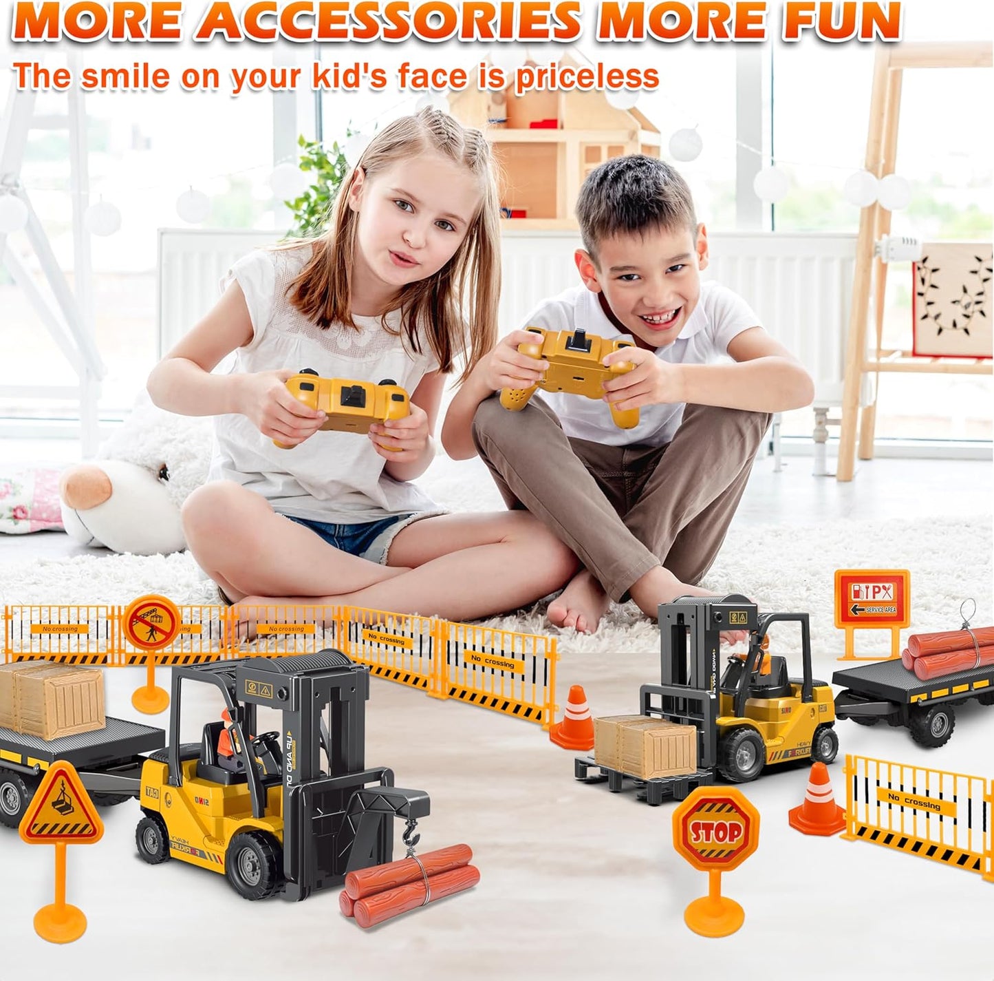 RC Forklift Toy with Trailer, 3 in 1 Remote Control forklift with Transform Lift Fork & Hook, 11 Channel RC Construction Toys with 2 Battery,Spray,Light, RC Forklift for Adults Kids Boys Gift