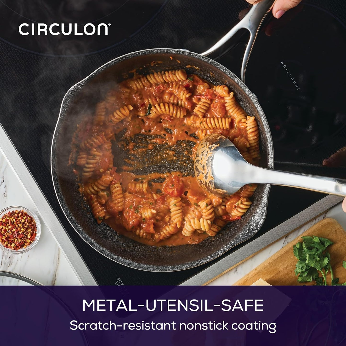 Circulon Infinity Pan with ScratchDefense Nonstick Cookware, Induction Suitable, Dishwasher Safe with Multipurpose Tool Holder and Lid, 9.5 Inch (3.2-Quart), Multipan, Metal Utensil Safe - Platinum