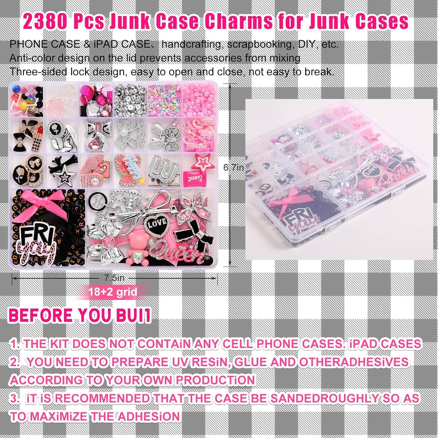 EIiovcnya 2380 Pcs Junk Phone Case Charms Kit, Charms for Customizing DIY Cases, with Nail Accessories, Cute Bow, Star, Candy, Letter Beads, Flatback Aesthetic Big Decor Easter Basket Stuffers Gift