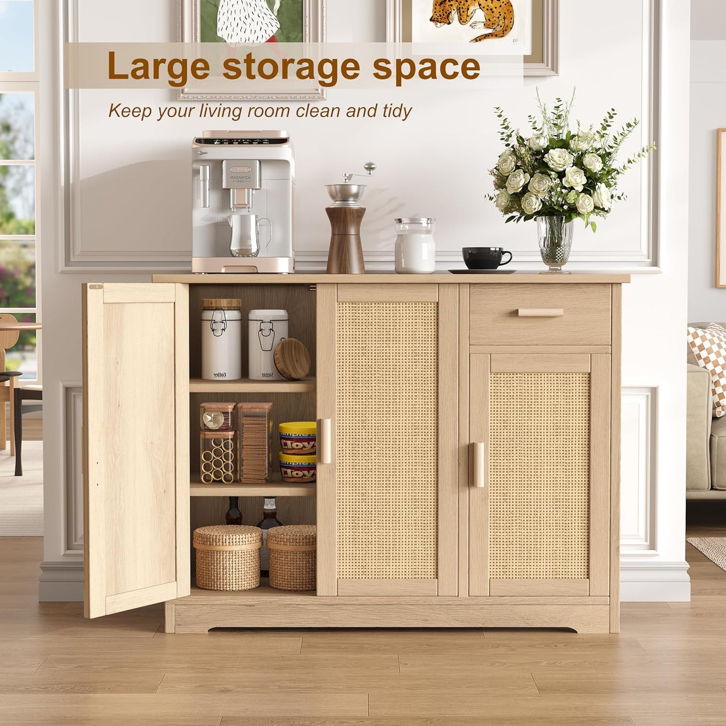 Buffet Cabinet with Storage, Rattan Storage Cabinet with 3 Doors & Drawer, Accent Kitchen Sideboard with Adjustable Shelves, Coffee Bar Cabinet for Living Room, Entryway, Natural Oak