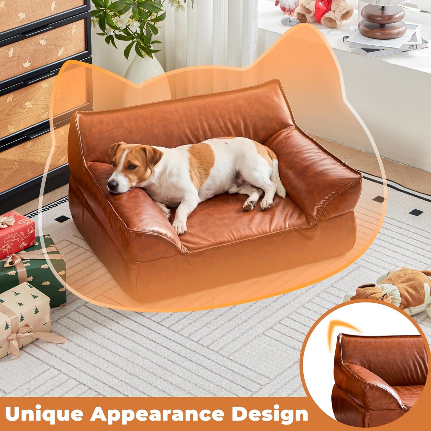 Leather Dog Couch Bed for Small and Medium Dogs Under 50 lbs, Brown Mid Century Modern Elevated Cat Sofa Bed Luxurious Indoor Furniture Style Pet Supplies for Puppy