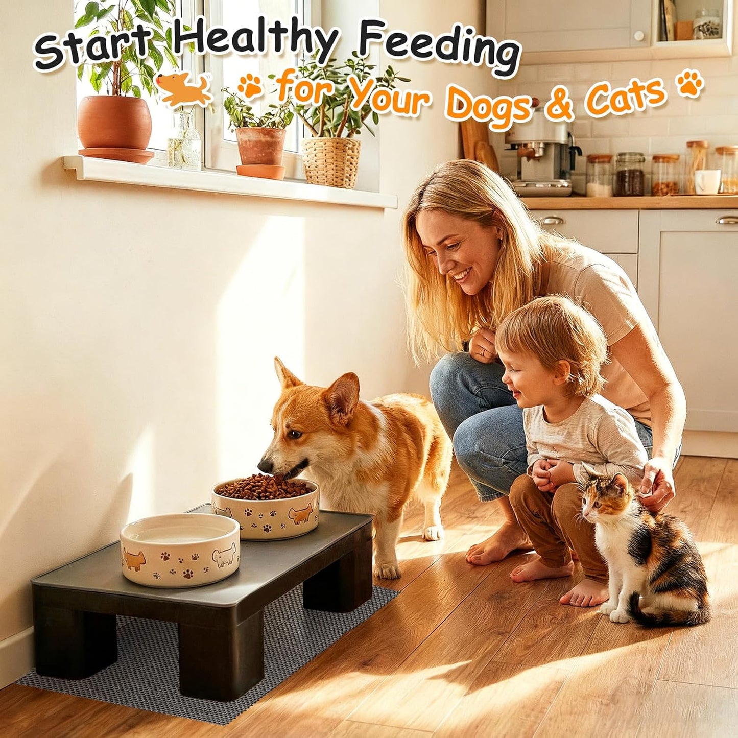 Upgraded Elevated Dog Bowl Stand and 100% Waterproof & Non-Slip Mat, Raised Bowl Stand for Small Medium Dogs, Easy-Clean Silicone Pet Food Mat- Neck Strain Relief & Protect Your Floors