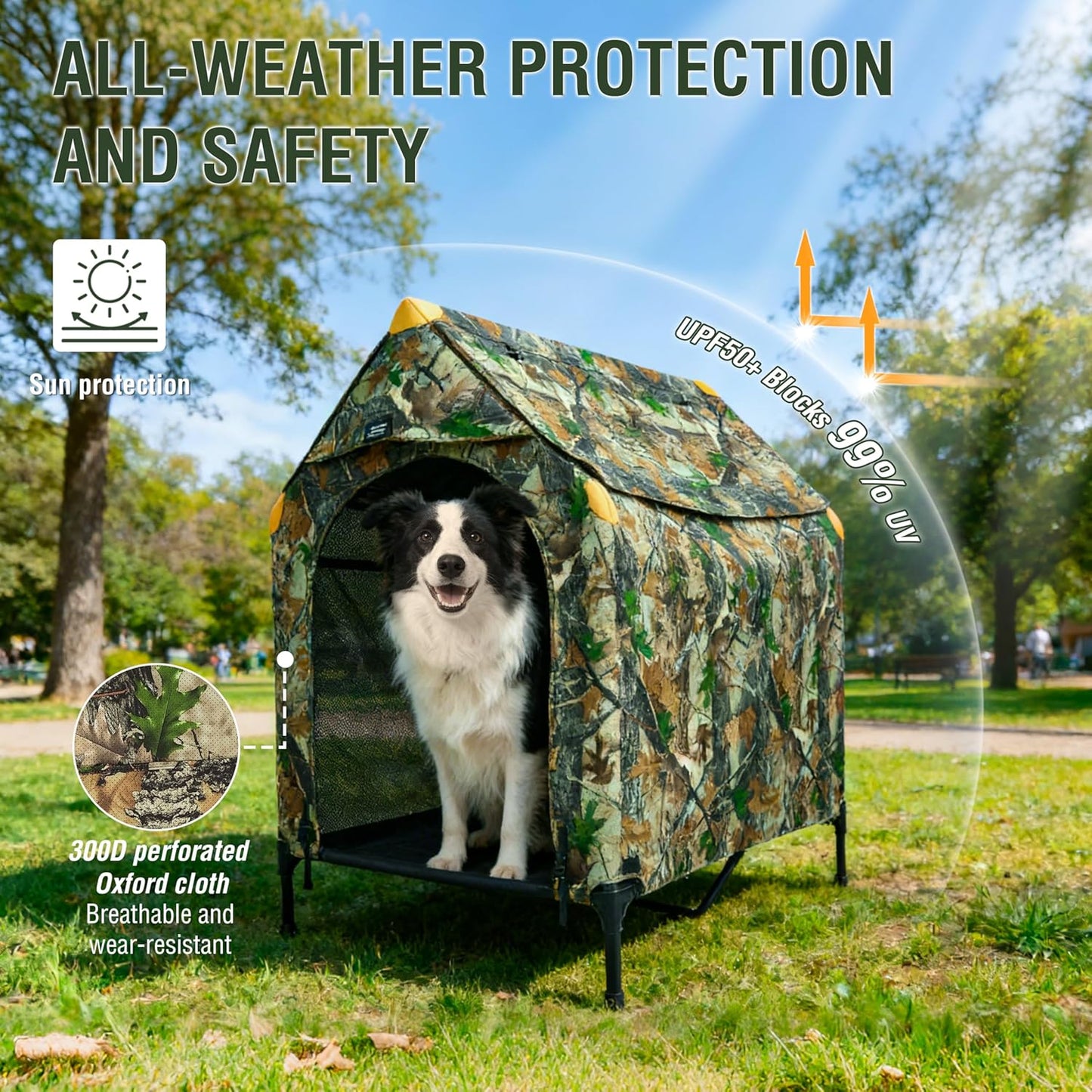 42" Camouflage Canvas Outdoor Dog House Weatherproof,360° Visibility and Breathable Design,2-in-1 Dog Shade Shelter for Large Breeds with Removable Waterproof Cover,Elevated Dog Bed with Canopy (M)
