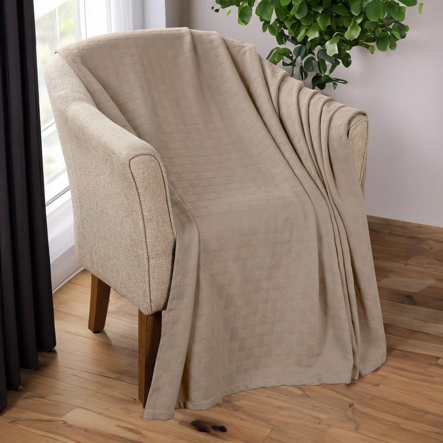 Superior Basketweave Cotton Blanket, Basket Weave Design, Soft, Comfy Cover for Bed, Bedding, Bedroom, Couch Throw, Lounging, Modern Boho Medium Weighted Blankets, Full/Queen, Khaki