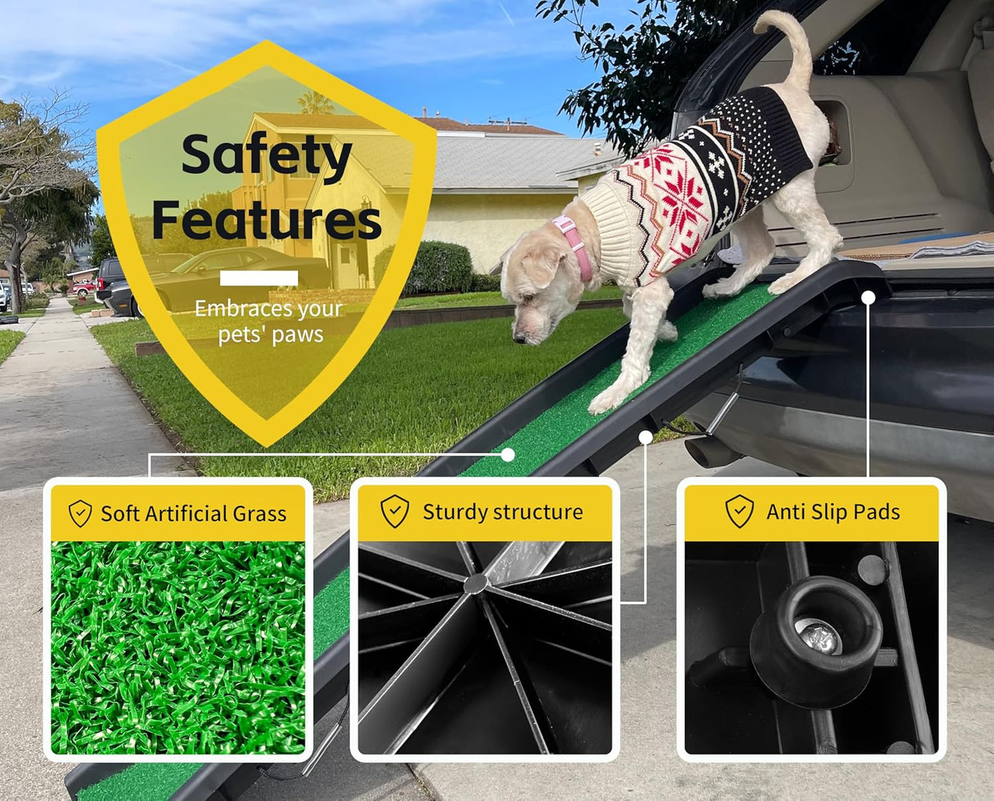 PawStep 50894 Pet Ramp for Dogs & Cats – Foldable Portable Dog Ramp with Poly Grass Non-Slip Surface, Lightweight Travel Ramp for Cars, SUVs, Beds & Couches