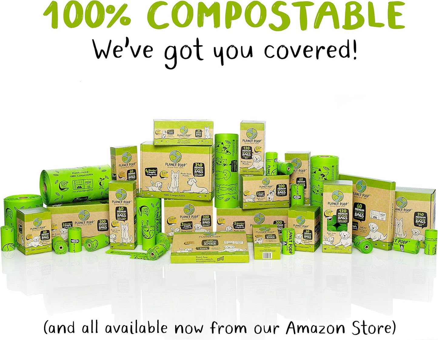 PLANET POOP Home Compostable Dog Poop Bags with Handles, Standard Size 180 Count, Un-Scented Dog Waste Bag, Thick Leakproof Doggy Cat Bag, Plant-Based Green Pet Supplies