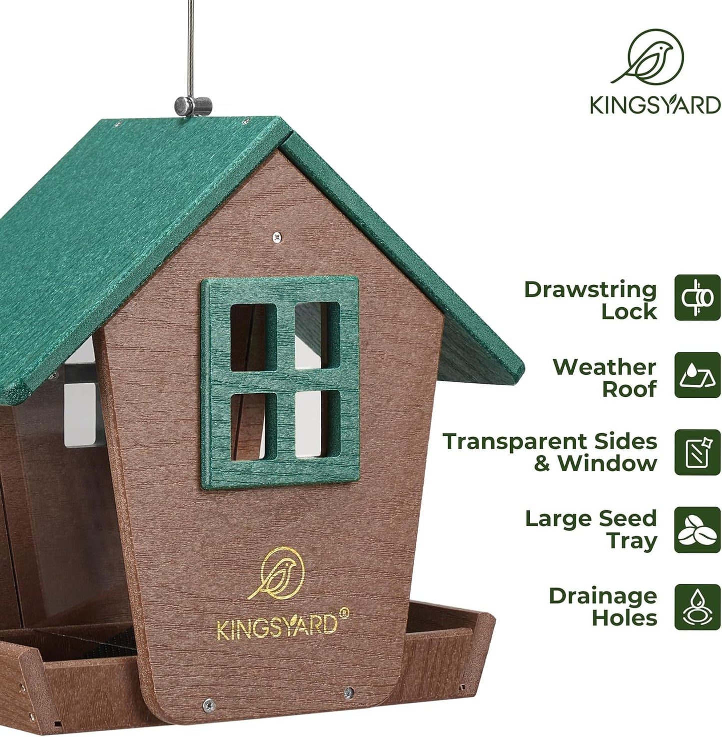 Kingsyard 4 lbs Large Bird Feeder House for Outdoors Hanging, Recycled Plastic Bird Feeder Hopper with Weatherproof Roof & Capacity Tray for Cardinal Bluebird, Garden Yard Outside Decor, Green