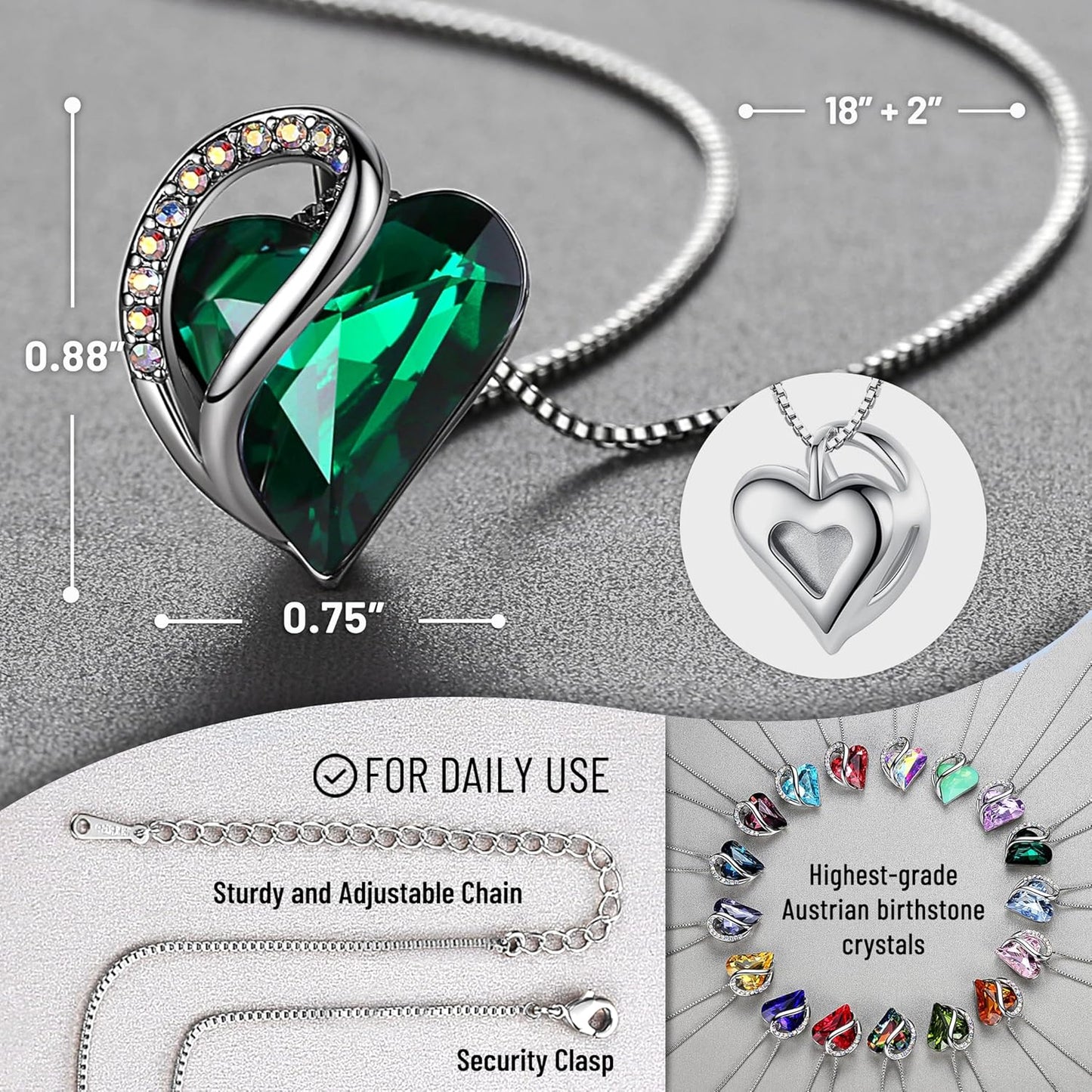 Leafael Gift Necklaces for Women, Infinity Love Birthstone Heart Crystal Pendant, Birthday Anniversary Jewelry for Wife, Mom, and Her, Silver Plated, 18" + 2" Adjustable Chain