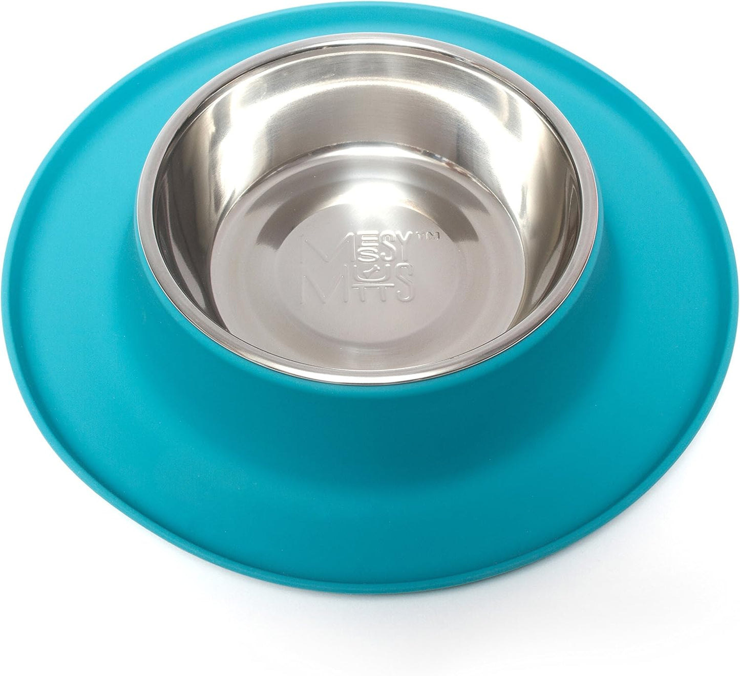 Messy Mutts Single Silicone Feeder with Stainless Bowl | Non-Skid Food Dishes for Dogs for All Pets | Dog Food Bowls | Medium, 1.5 Cups | Blue