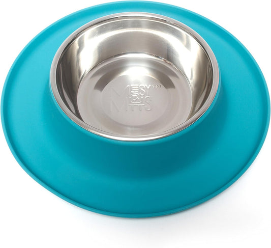 Messy Mutts Single Silicone Feeder with Stainless Bowl | Non-Skid Food Dishes for Dogs for All Pets | Dog Food Bowls | Medium, 1.5 Cups | Blue