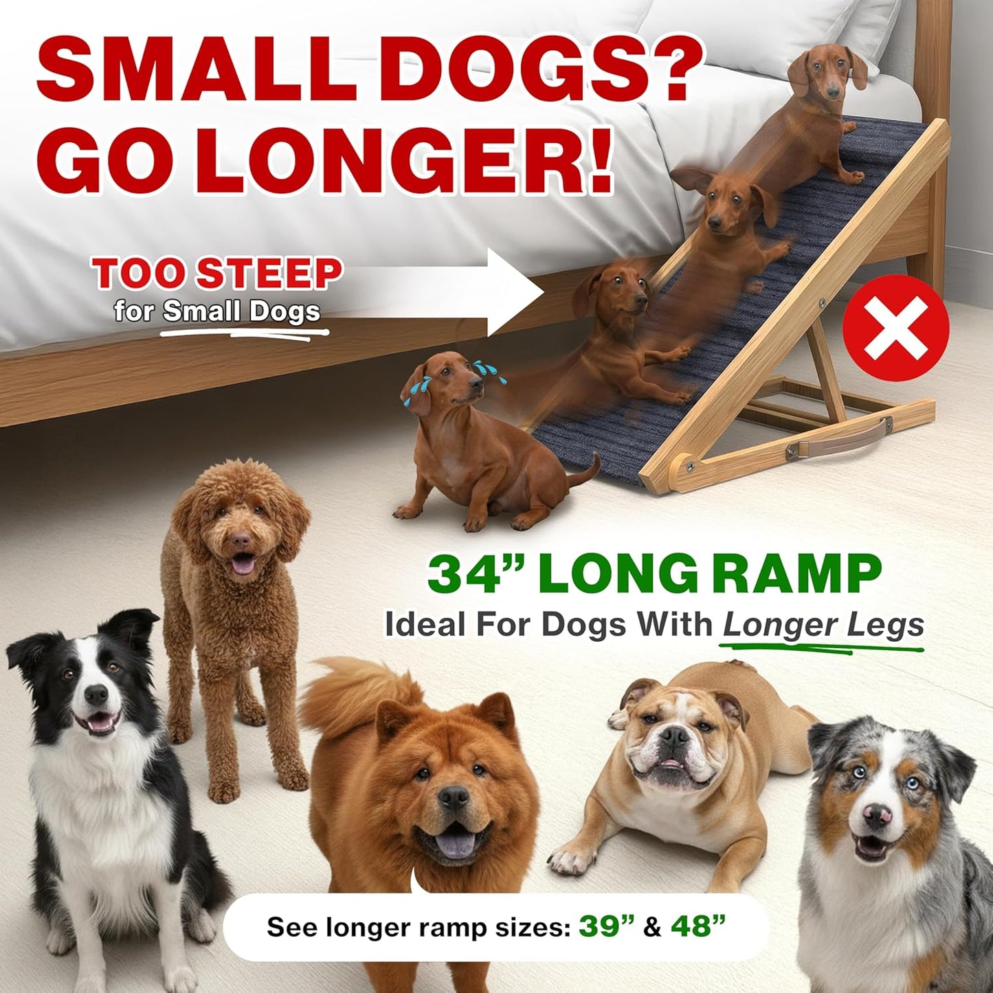 Adjustable Dog Ramp for Bed - 34" Long Foldable Wooden Ramp for Dogs to Get on Bed, Couch, or Car with 12.6" Wide Walking Space (Natural Wood with Gray Carpet, Small)