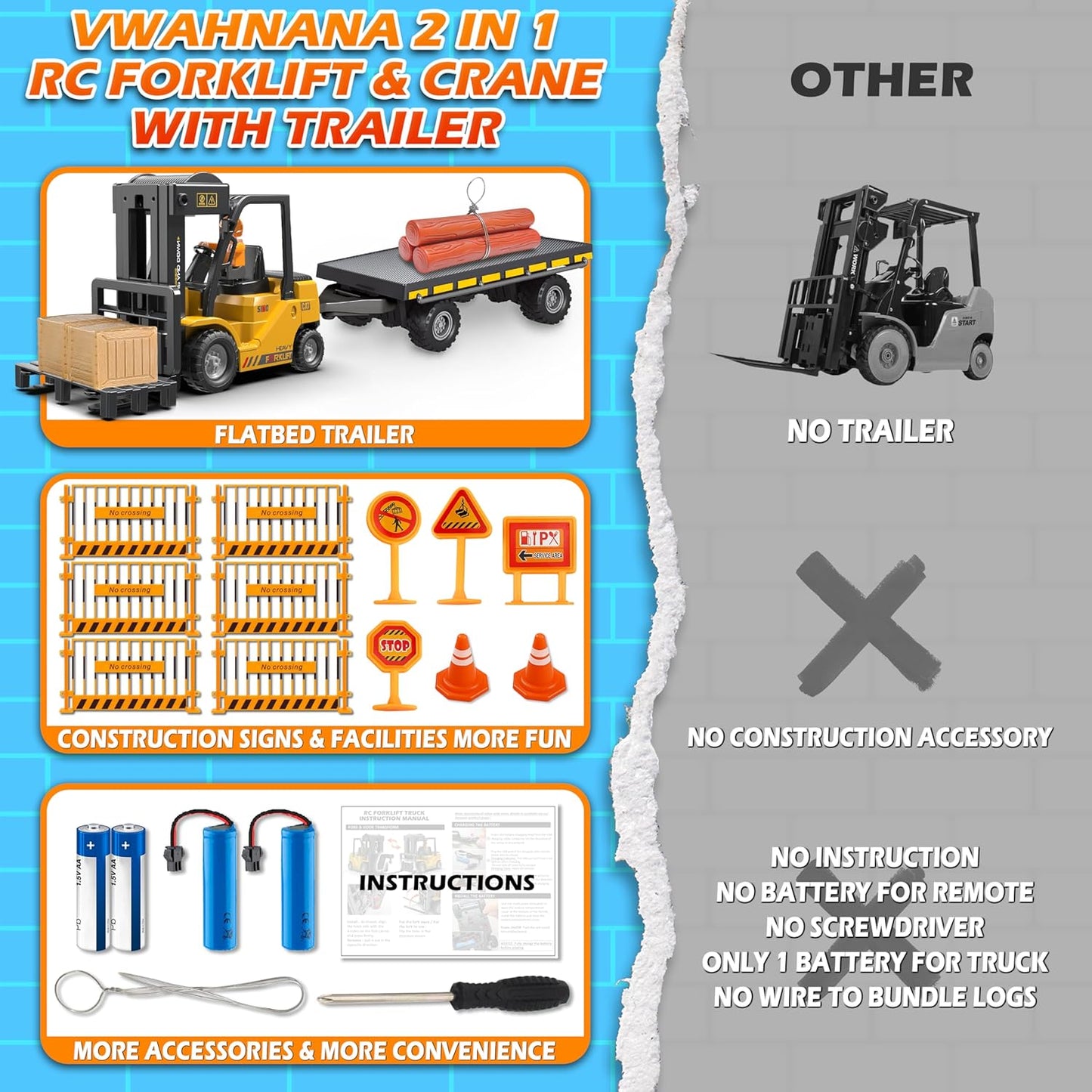 RC Forklift Toy with Trailer, 3 in 1 Remote Control forklift with Transform Lift Fork & Hook, 11 Channel RC Construction Toys with 2 Battery,Spray,Light, RC Forklift for Adults Kids Boys Gift